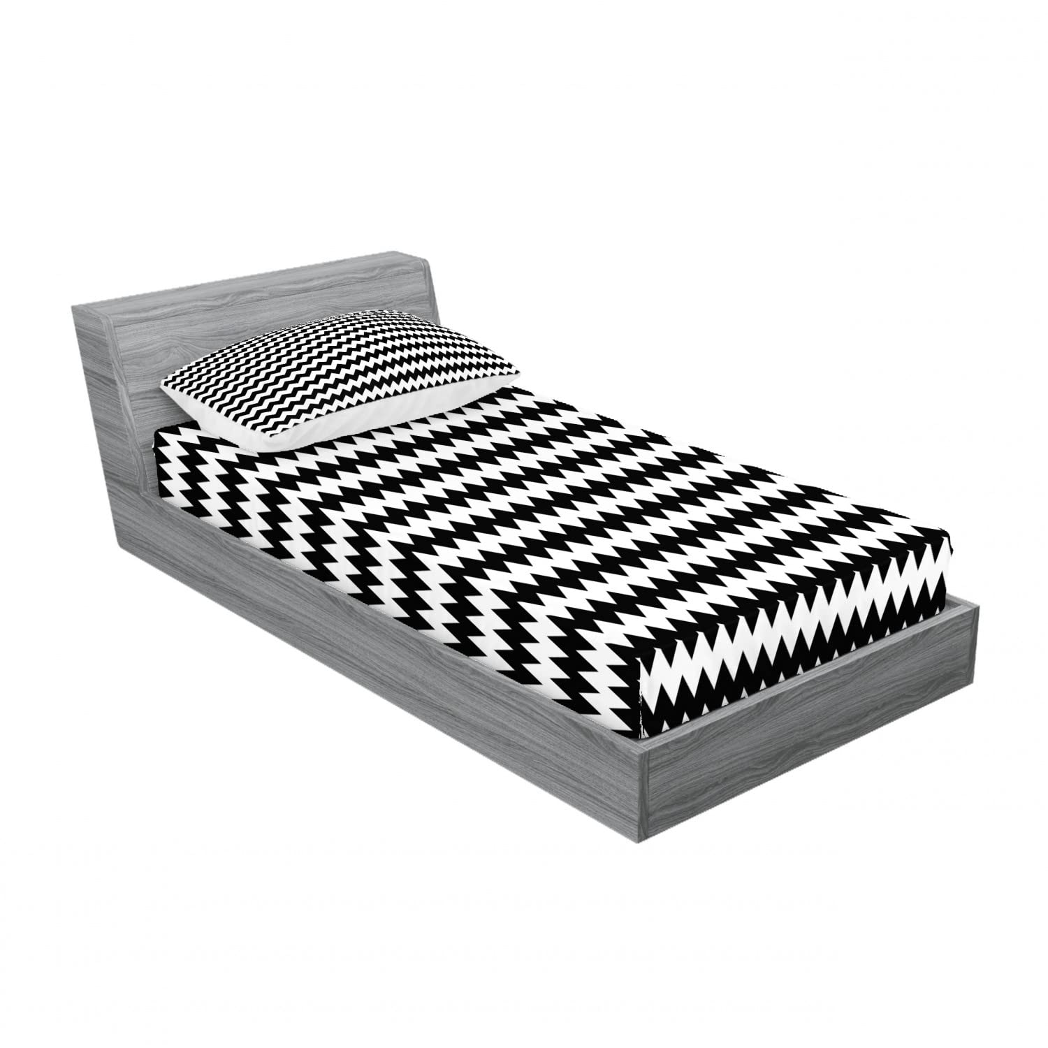 Ambesonne Chevron 2-Pack Twin Fitted Sheet & Pillow Sham Set - Black and White Zigzag Pattern Bedding Decor (Includes 2 Fitted Sheets & 2 Pillow Covers) - Perfect for Kids Rooms, Guest Beds & Modern Home Decor