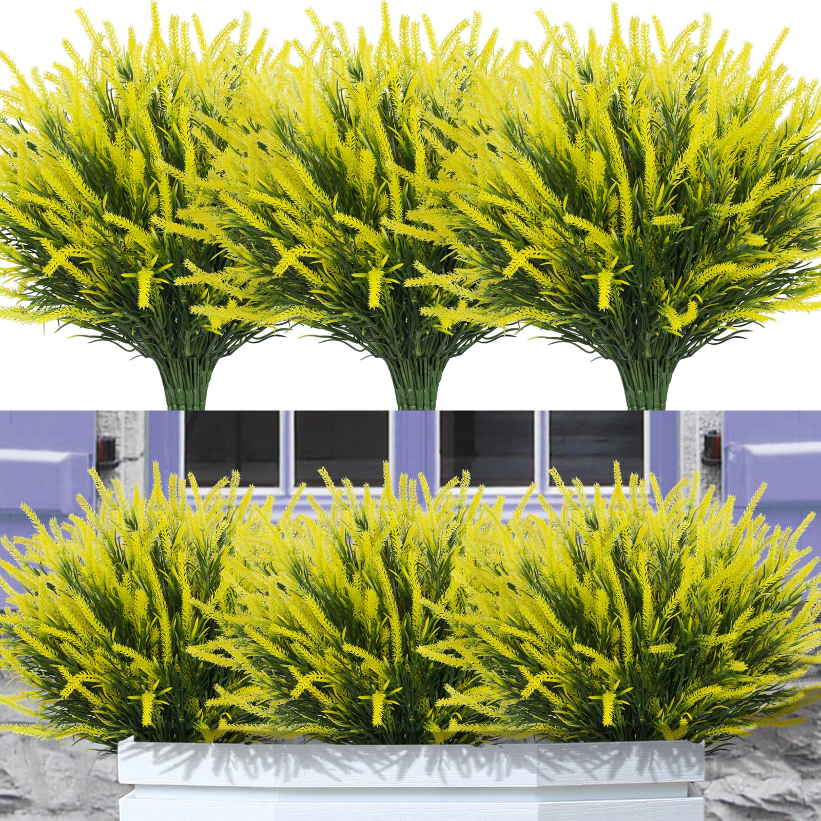 12 Bundles UV Resistant Artificial Lavender Flowers - Fake Outdoor Plants Plastic Shrubs for Window Box, Garden, Porch Decor - Home & Wedding Decoration (Yellow)