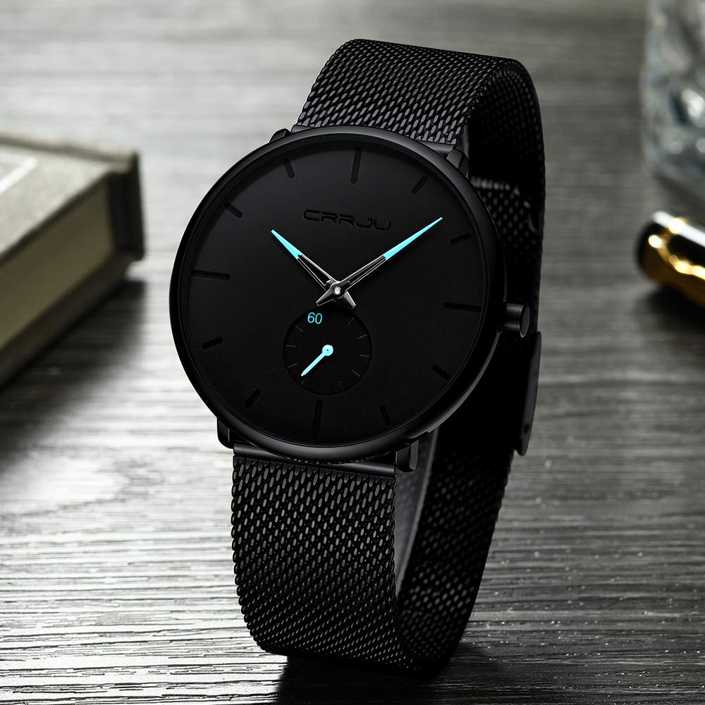 CRRJU Men's Business Slim Analog Quartz Watch - Date Display, Black Dial, Mesh Bracelet Strap | Professional Office Wear, Formal Occasions & Everyday Style