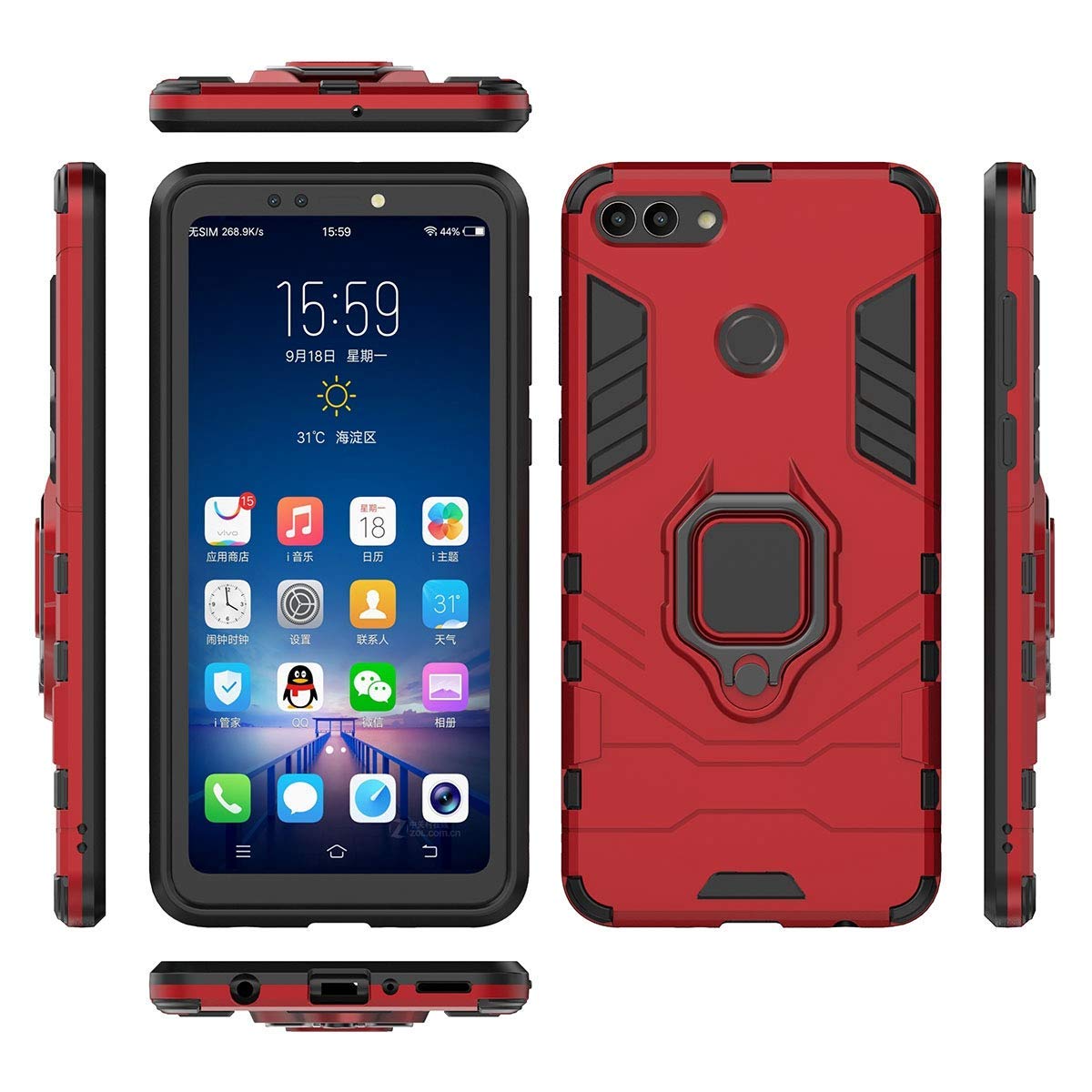 LuluMain Huawei Y9 (2018) Case with Metal Ring & Kickstand - Shockproof Hard Bumper Dual Layer Rugged Cover (Red) - Compatible with Magnetic Car Mount - Perfect for Daily Use, Travel & Outdoor Activities