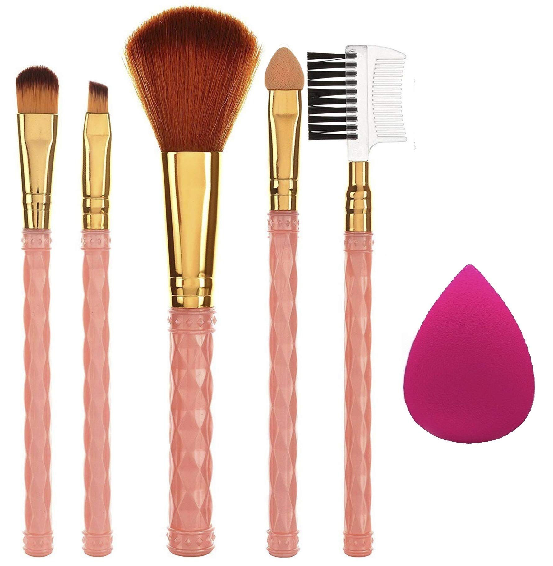 AY 5-Piece Makeup Brush Set with 1 Sponge Puff (Colors Vary) - Professional Face & Eye Cosmetic Brushes for Cream, Liquid & Powder - Perfect for Daily Makeup, Travel & Professional Makeup Artists