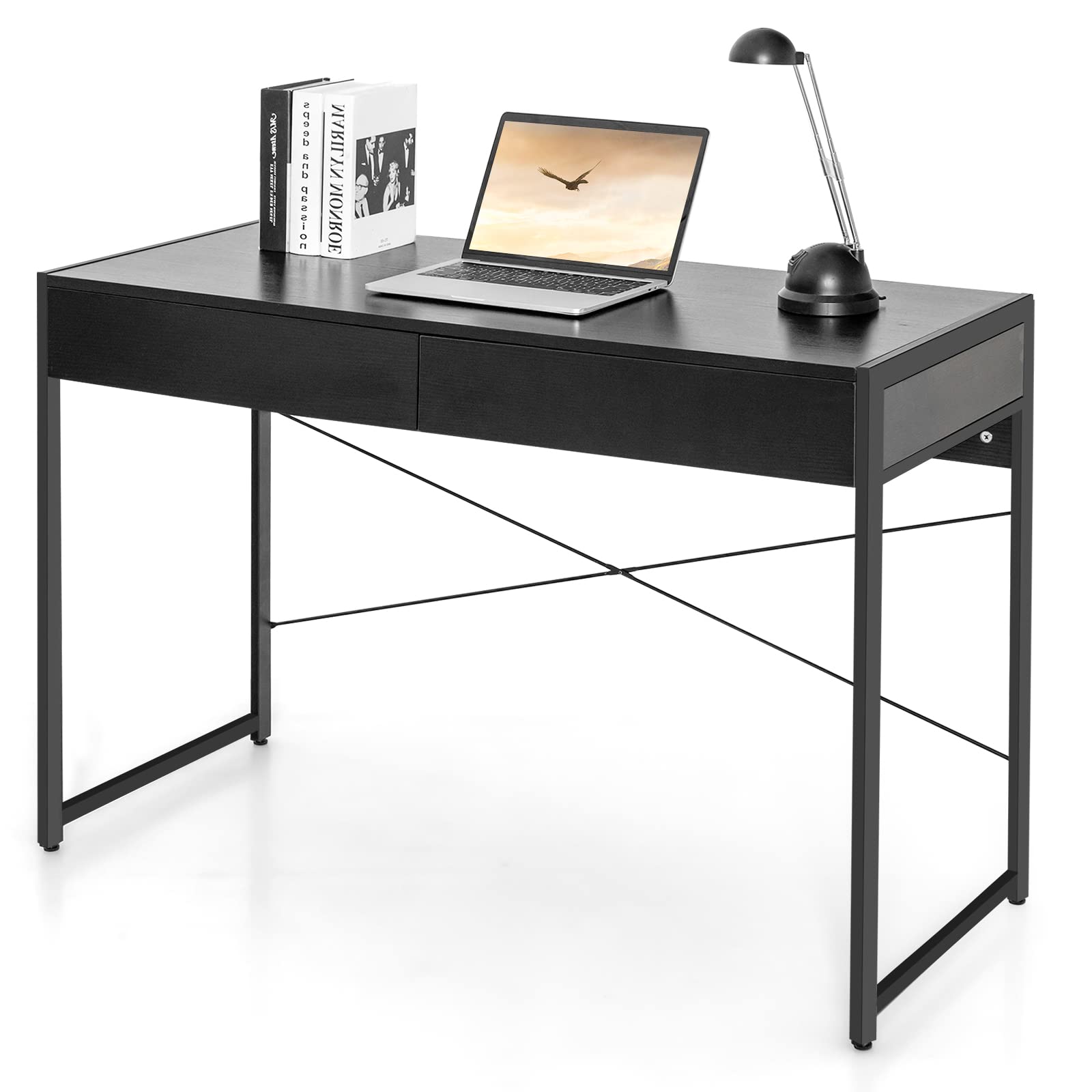 Tangkula 44-Inch Computer Desk with 2 Drawers - Sturdy Wooden Writing Desk with Steel Frame, Home Office Workstation for Laptop & PC - Perfect for Small Spaces, Bedroom, Study Room & Home Office (Black)