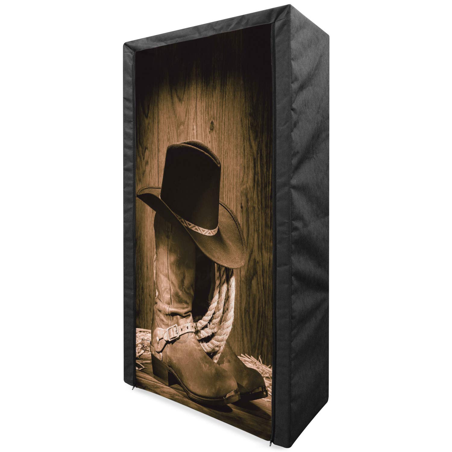 Ambesonne Western Portable Fabric Wardrobe - Wild West Cowboy Hat & Ranch Decor Wooden Display - 33.5