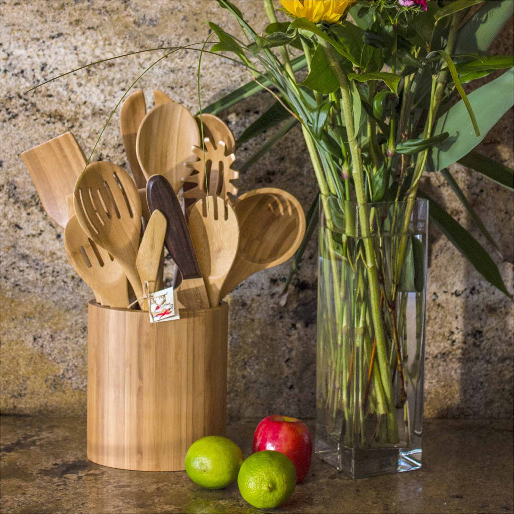 Premium Oval Bamboo Kitchen Utensil Holder - Natural Wood Countertop Organizer for Spoons, Forks & Cooking Tools - Perfect for Modern Kitchens & Countertop Storage