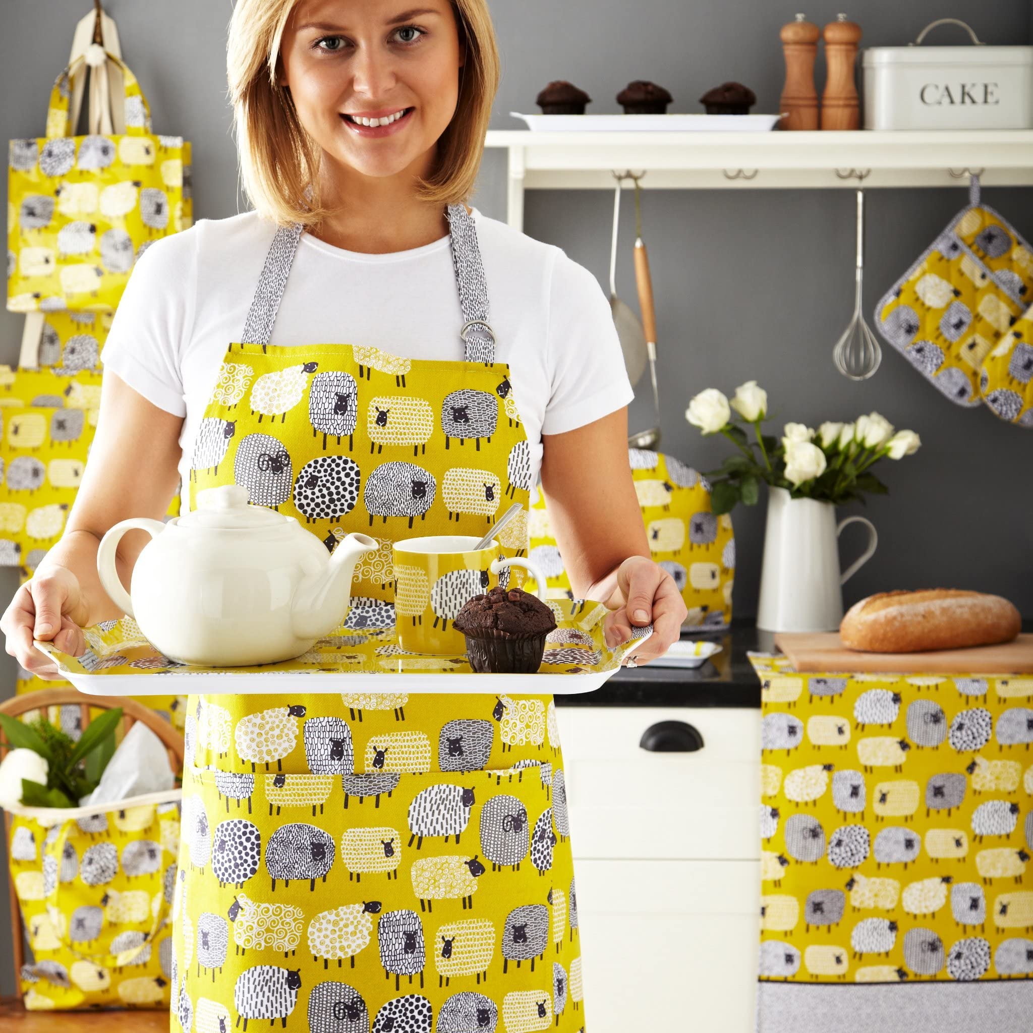 Ulster Weavers Heat Resistant Double Oven Gloves - 100% Cotton & Polyester Kitchen Mittens for Cooking, Baking, Grilling - Machine Washable Sheep Pattern Oven Mitts - Ideal for Home Chefs & Holiday Baking (Dotty Sheep, Yellow)