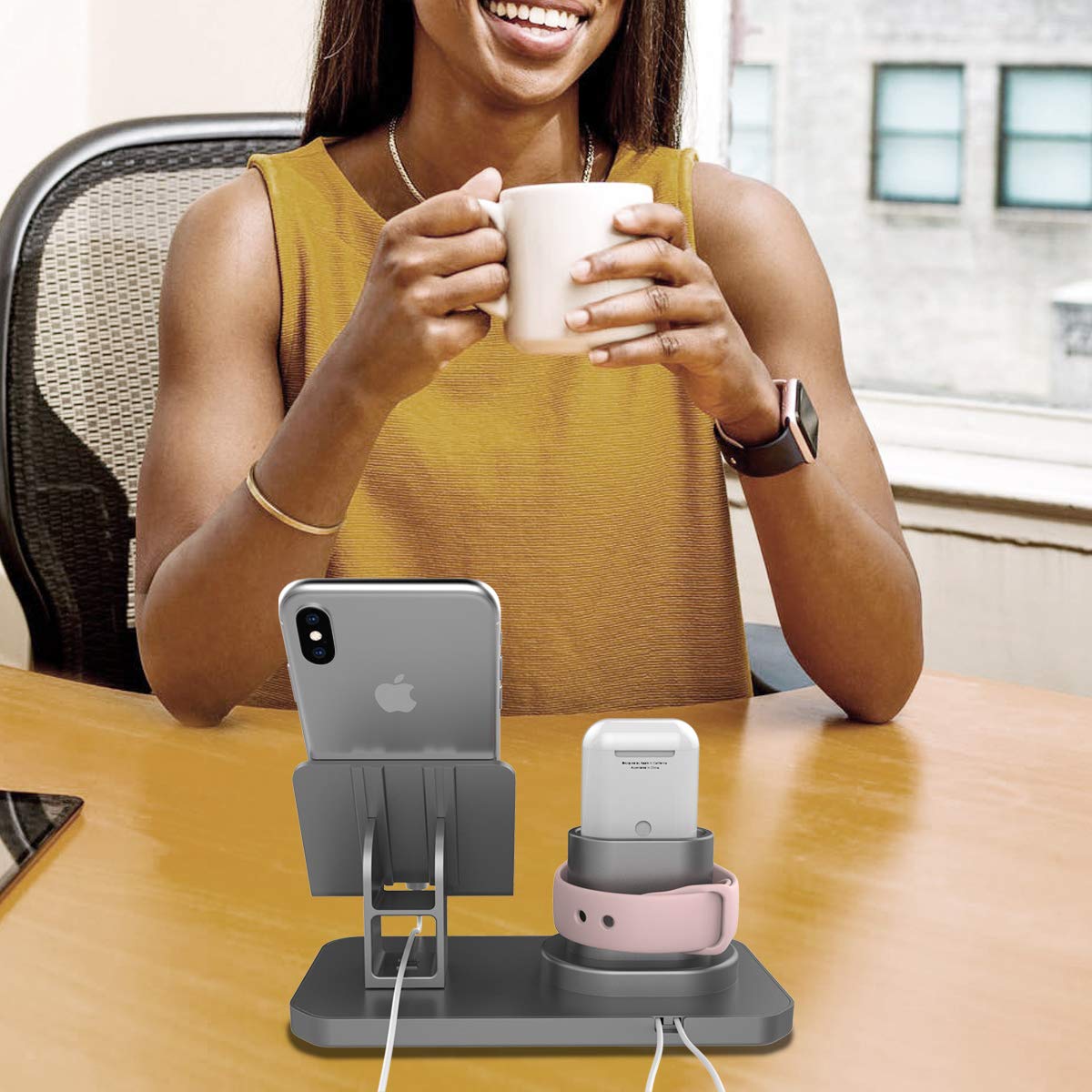 3 in 1 Multi-Angle Adjustable Phone Stand Holder for iPhone 16 Series/Samsung Galaxy S24 Series/Apple Watch 4-7/AirPods - Universal Charging Dock for Desk, Nightstand & Office Use (Gray)
