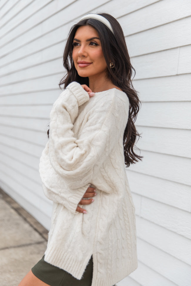 Ivory Oversized Cable Knit V-Neck Sweater for Women - Cozy Winter Pullover, Soft Chunky Knit, Loose Fit Casual Sweater - Perfect for Holidays, Christmas, Dates & Cold Weather Outfits