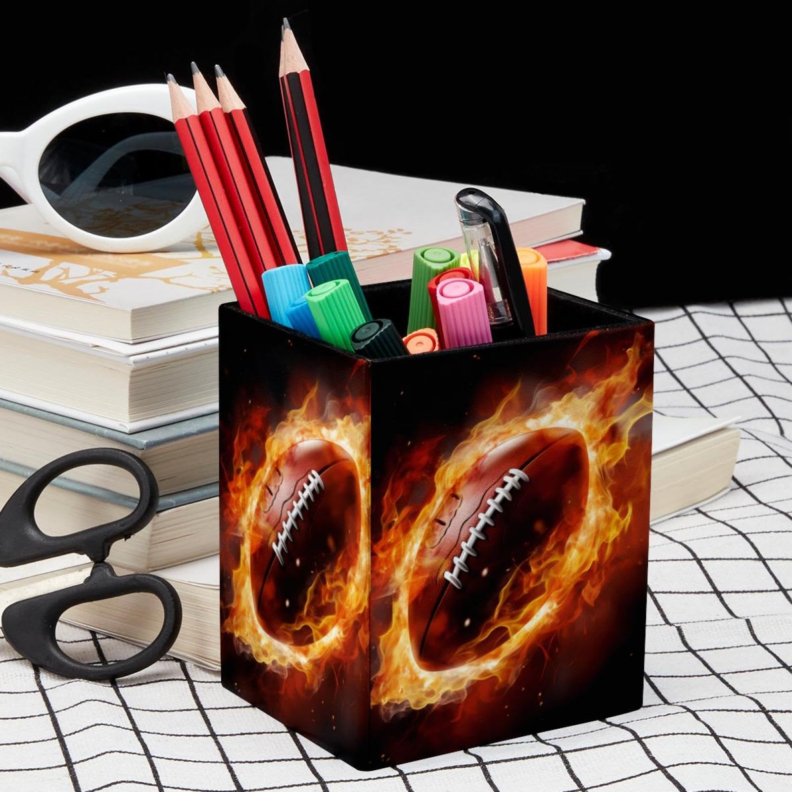 Premium Pen Holder for Desk - Stylish Pen Organizer with American Football & Fire Design - Perfect Desk Accessories for Office, Home & School Use