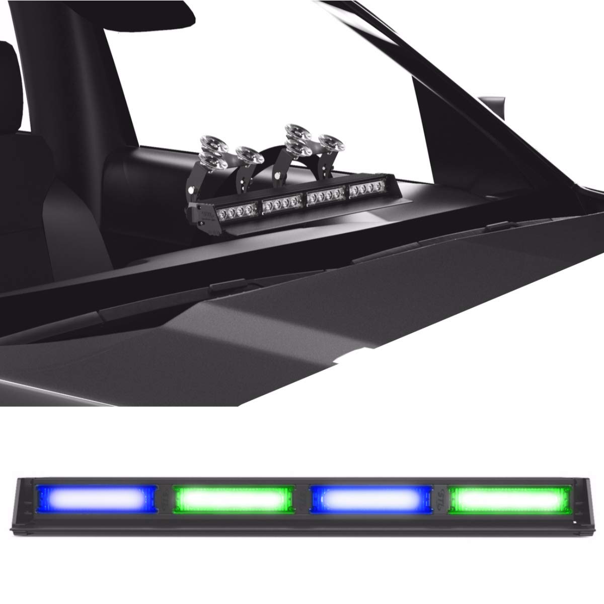 SpeedTech Lights Striker TIR 4-Head High-Intensity LED Strobe Light Bar for Emergency Vehicles - Blue/Green Alternating Flashing Warning Lights with Cigarette Lighter Plug | Windshield & Dash Mount | Ideal for Police, Fire Trucks & Roadside Emergencies