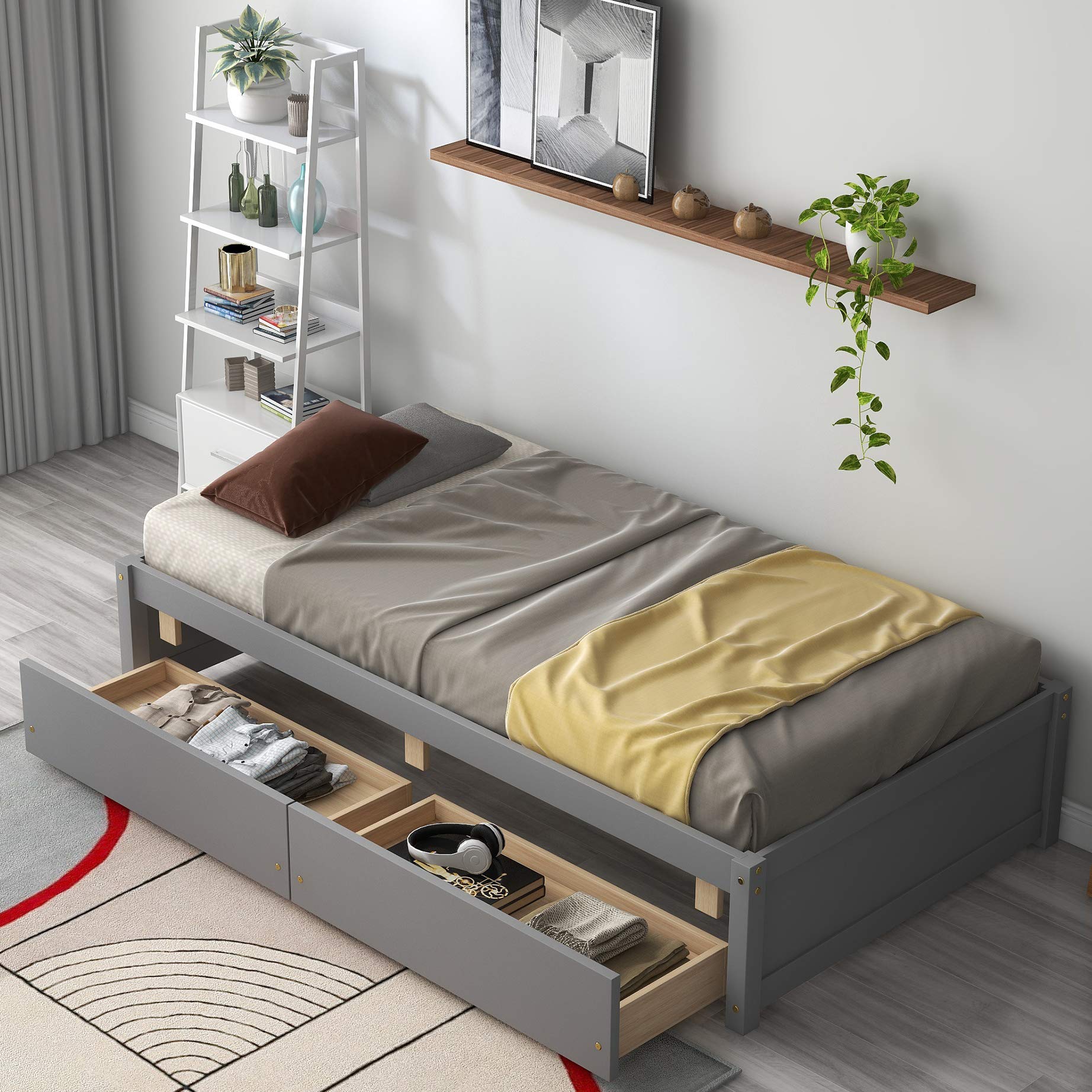 Twin Size Wooden Loft Bed Frame with Storage Drawers & Slats - Platform Captain Bed for Kids, Teens, Boys & Girls - Gray No Headboard - Perfect for Small Bedrooms, Guest Rooms & Dormitories