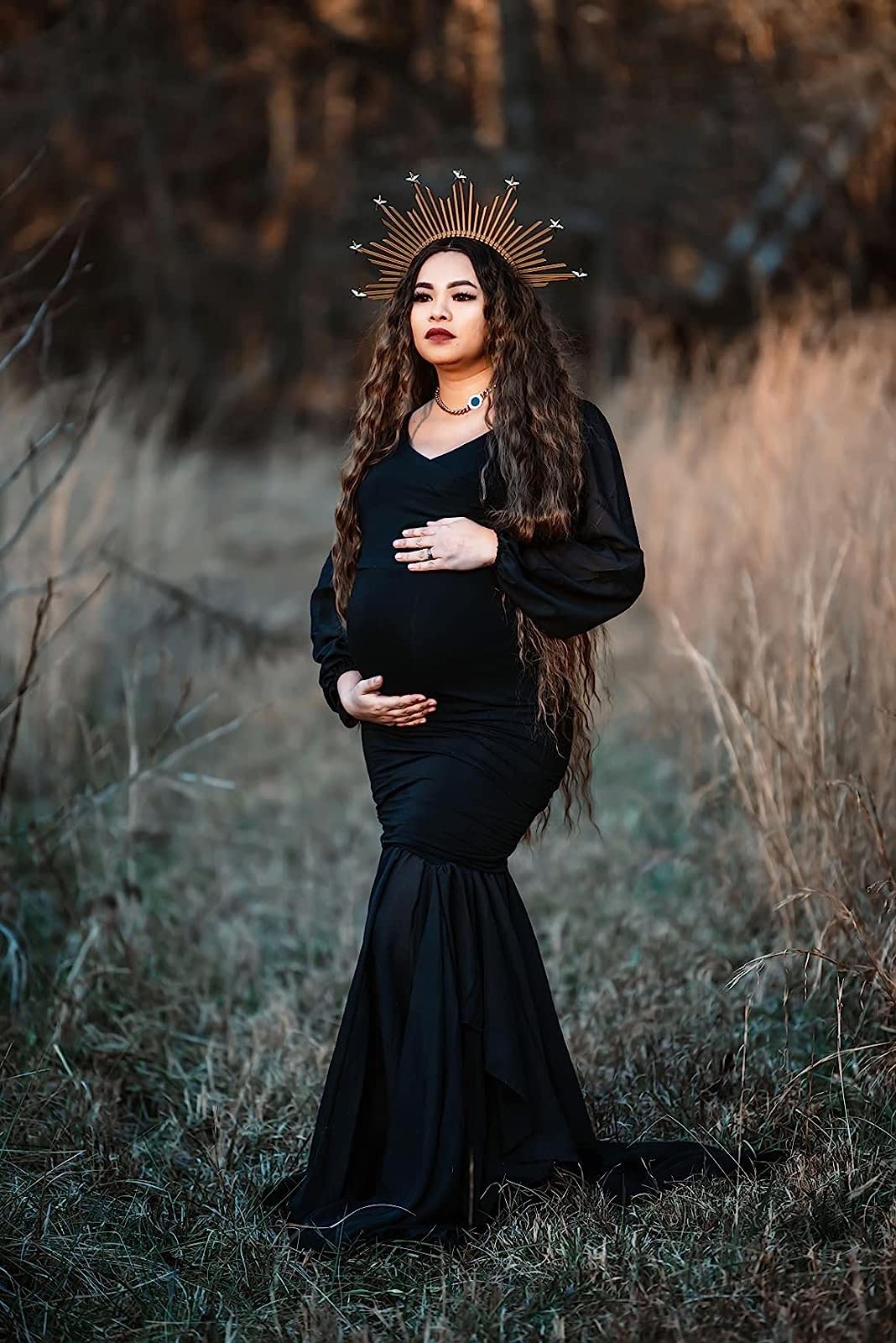 Saslax Elegant Long Chiffon Sleeve Mermaid Maternity Dress for Photoshoot, Baby Shower, Pregnancy Photos, Wedding Guest & Special Occasions