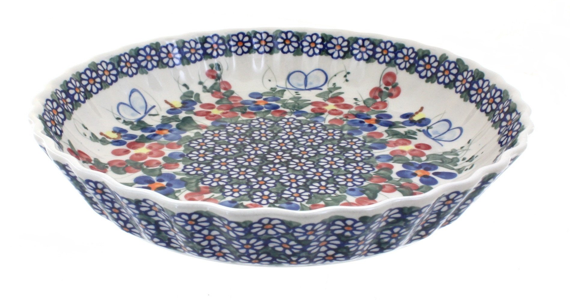 Handmade Blue Rose Polish Pottery Butterfly Pie Plate - Decorative Ceramic Serving Dish for Garden Parties, Afternoon Tea & Special Occasions