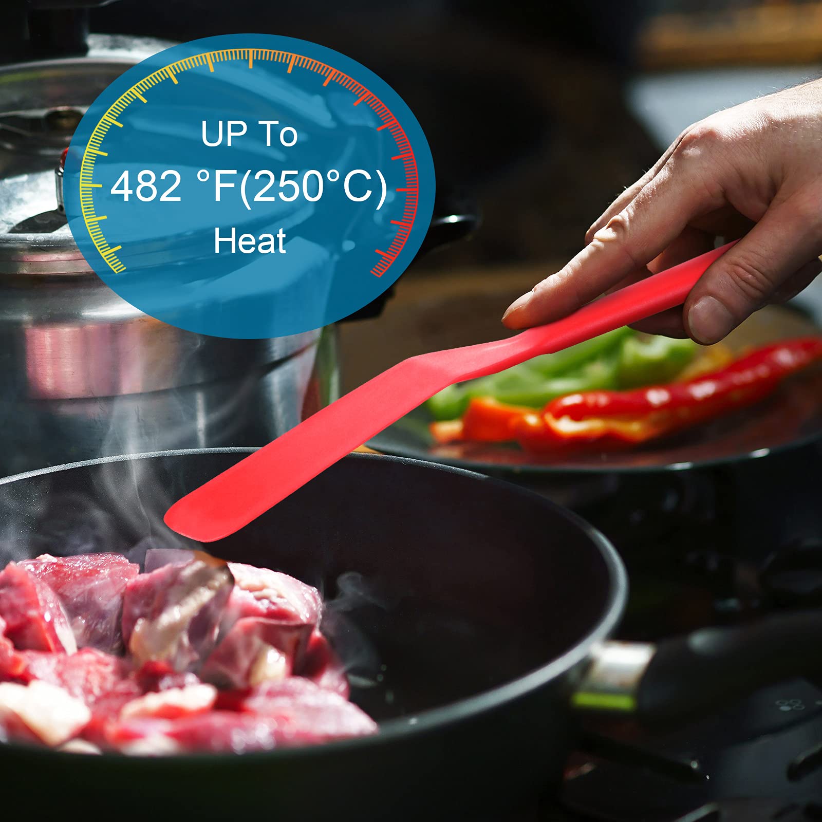 Zopeal 2-Pack Long Heat-Resistant Silicone Spatula Set - Non-Stick Narrow Crepe Flipper for Pancakes, Omelets, Burgers, Pizza & Steak - Perfect for Kitchen, Camping & Outdoor Cooking (Red & Black)