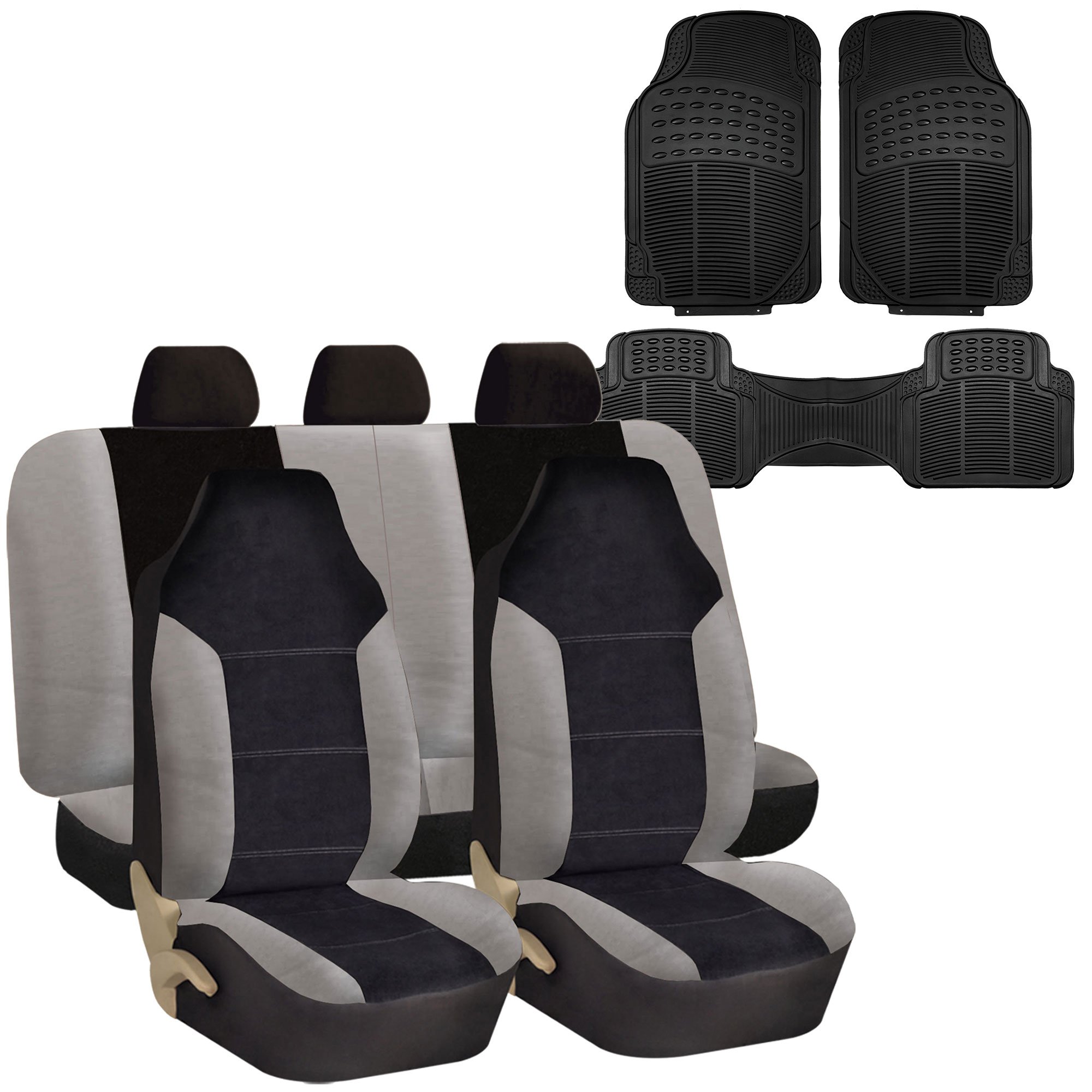 FH Group FH-FB103115 Leather/Velour High Back Car Seat Covers Gray/Black - Airbag Compatible Full Set with Split Rear Bench & F11306 Vinyl Floor Mats - Universal Fit for Cars, Trucks, SUVs, Vans - Perfect for Road Trips, Daily Commuting & Family Travel