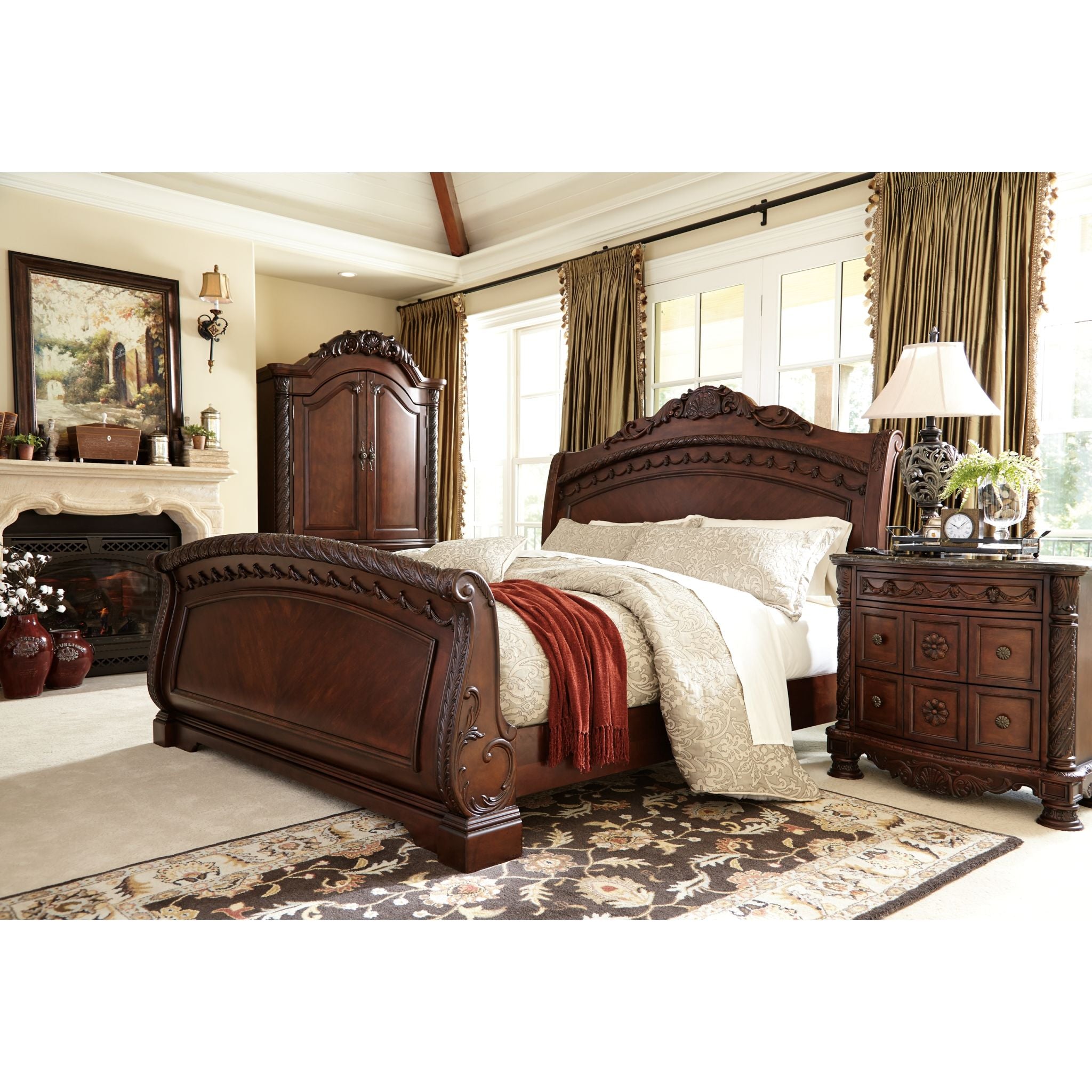 Ashley North Shore 3-Piece Sleigh Bed Set - Queen Size Wooden Bed Frame with Headboard & Footboard - Classic Elegant Bedroom Furniture for Master Suite or Guest Room
