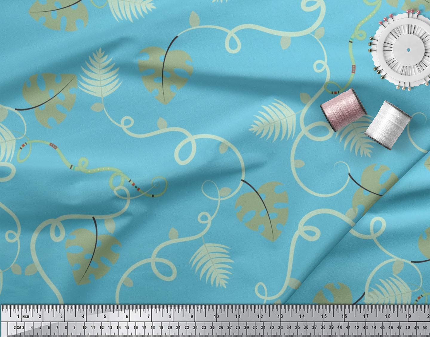 Soimoi Moss Georgette Blue Fabric by The Yard - 44 Inch Wide Printed Night Pine Leaves Material - Mystical Dark Design Fabric for Unique DIY Projects, Cosplay, Gothic Clothing & Home Decor