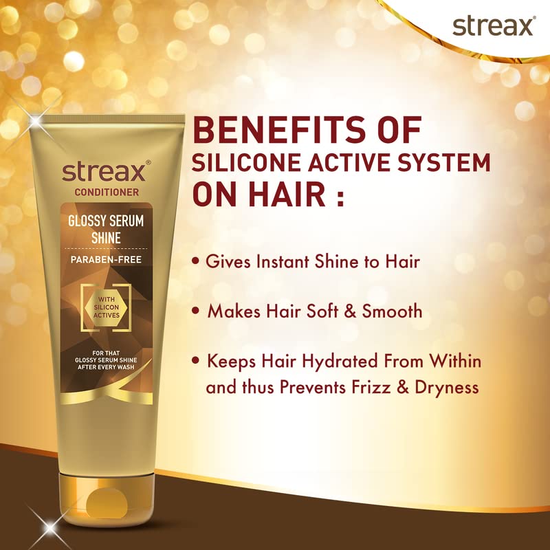 Streax Glossy Serum Shampoo & Conditioner Set with Walnut Hair Serum - 3 Step Hair Care System for Long-Lasting Shine & Smoothness - Perfect for Dry, Damaged Hair & Daily Frizz Control
