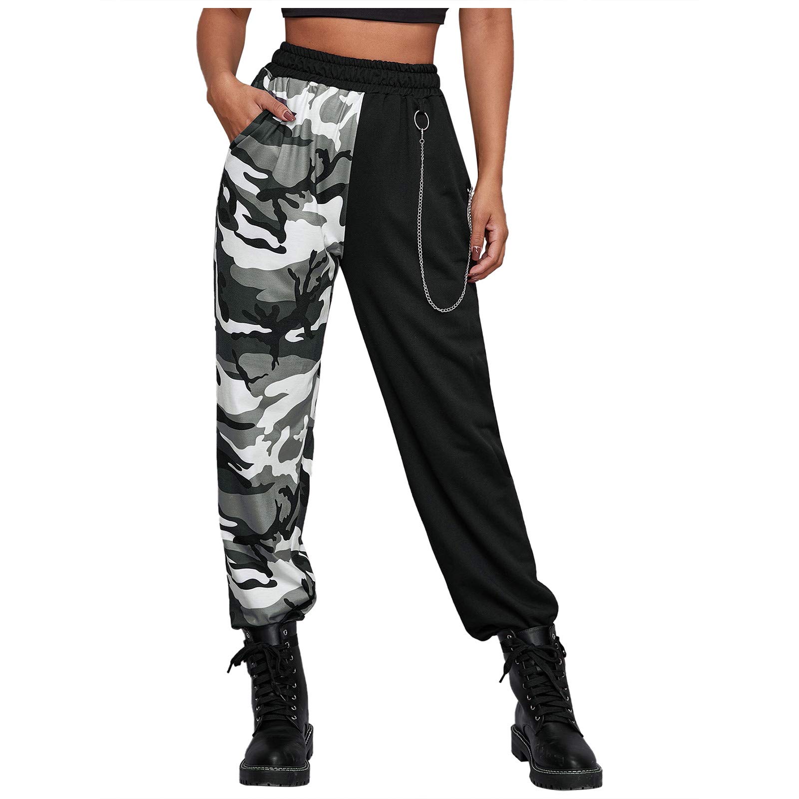 Women's Punk Style High Waist Chain Detail Plaid Trousers - Summer Wide Leg Casual Pants with Pockets | Perfect for Streetwear, Concerts & Edgy Fashion Outfits