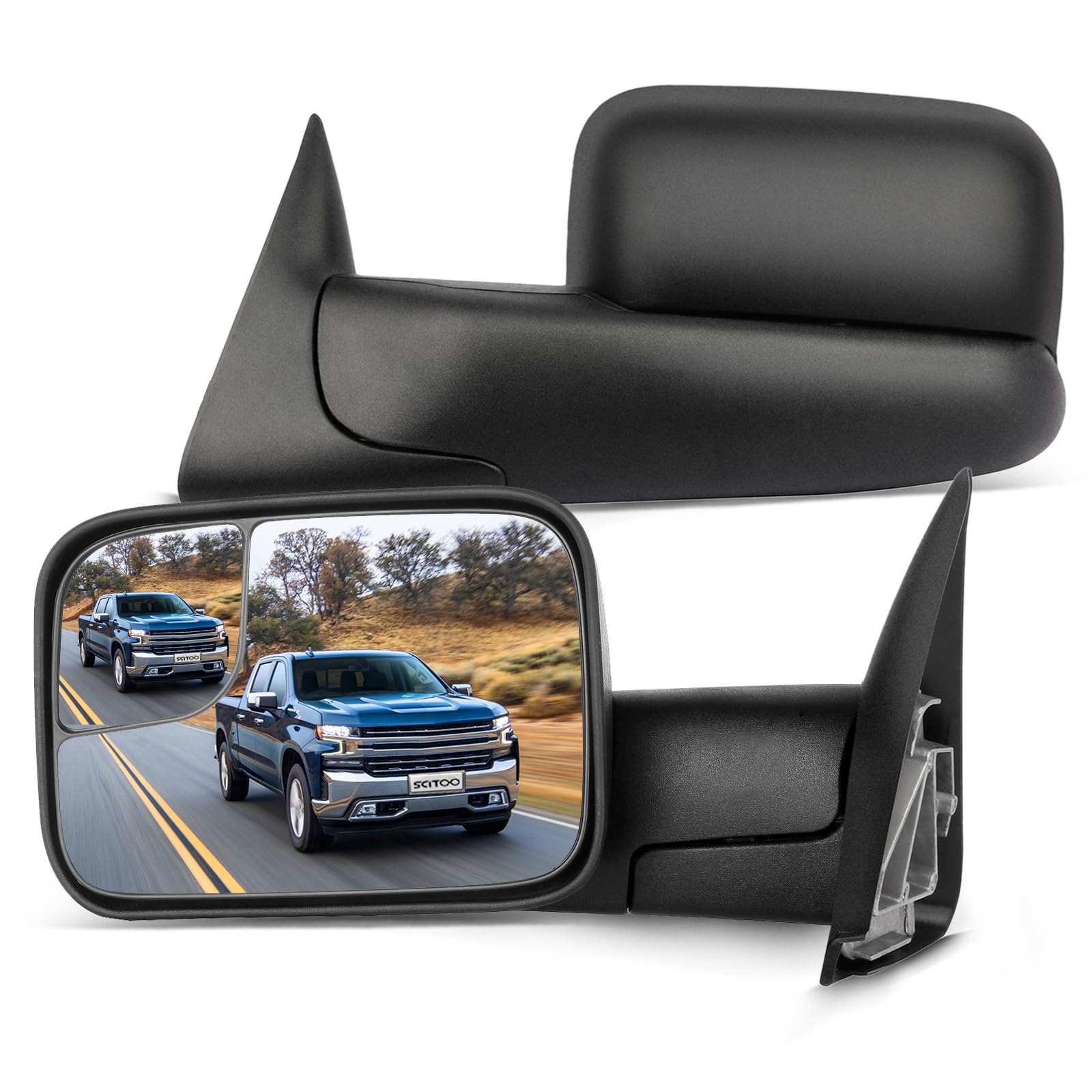 SCITOO Manual Black Towing Mirrors Pair Set - Compatible with Dodge Ram 1500 (1994-2001), Ram 2500/3500 (1994-2002) - Side View Mirrors with Support Brackets & Manual Control - Perfect for Towing, Camping & Off-Road Adventures