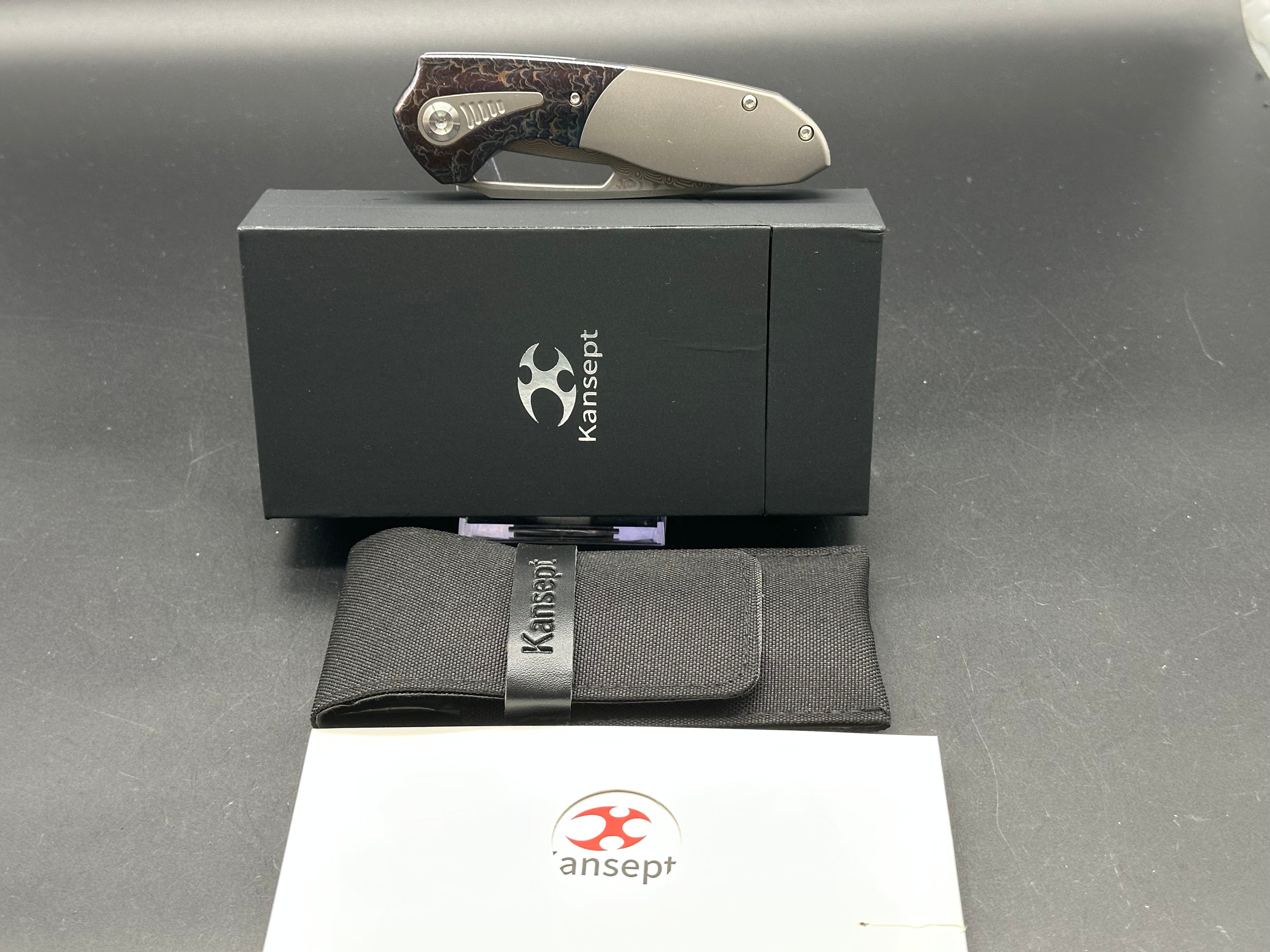 KANSEPT THOTH Folding Knife - Bead Blast/Lightning Strike Titanium Handle with Damascus Steel Blade - EDC Pocket Knife for Outdoor Camping, Hiking & Survival