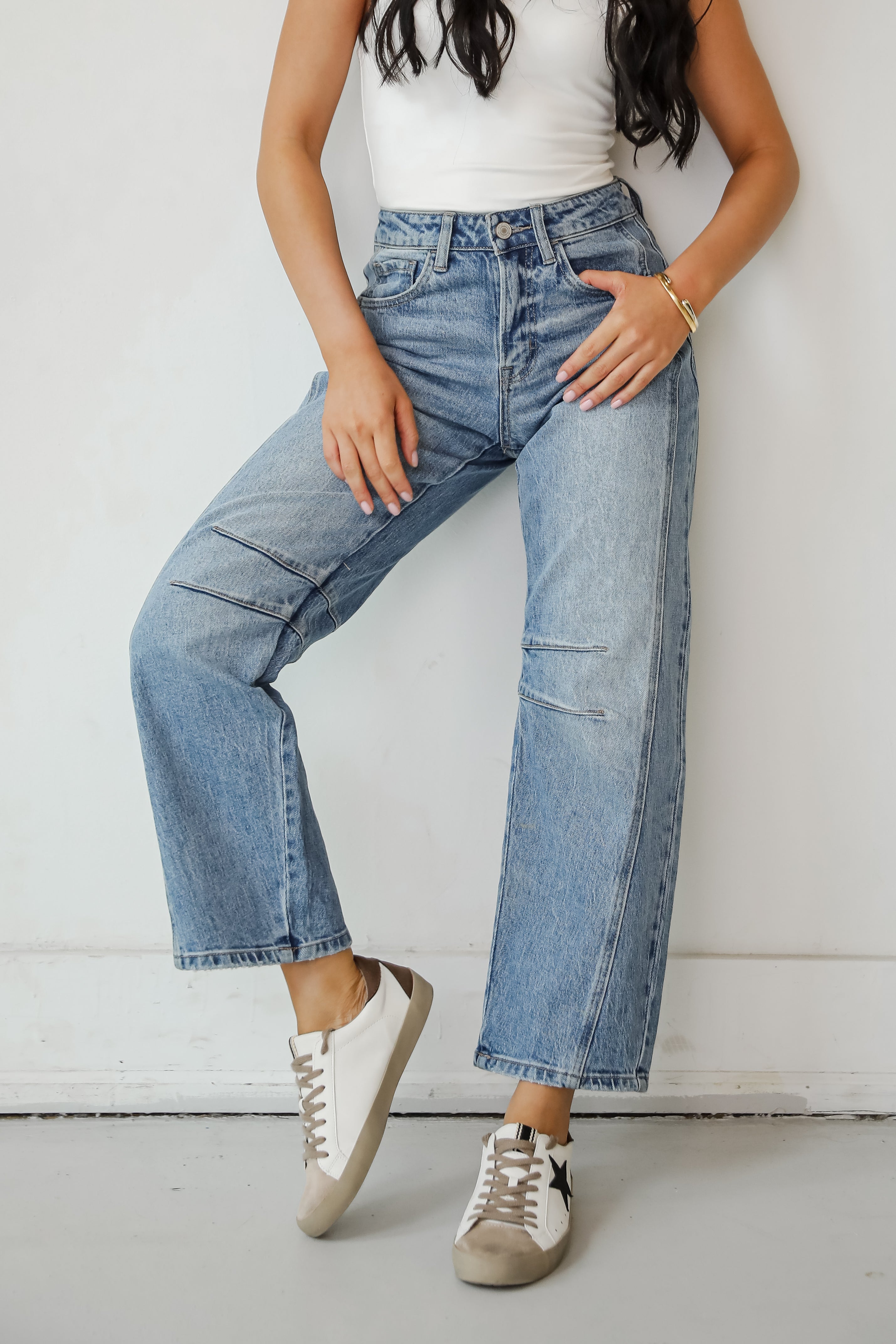 Addy Medium Wash High Rise Barrel Jeans for Women - Vintage Inspired Stretch Denim Pants for Casual Wear & Everyday Outfits