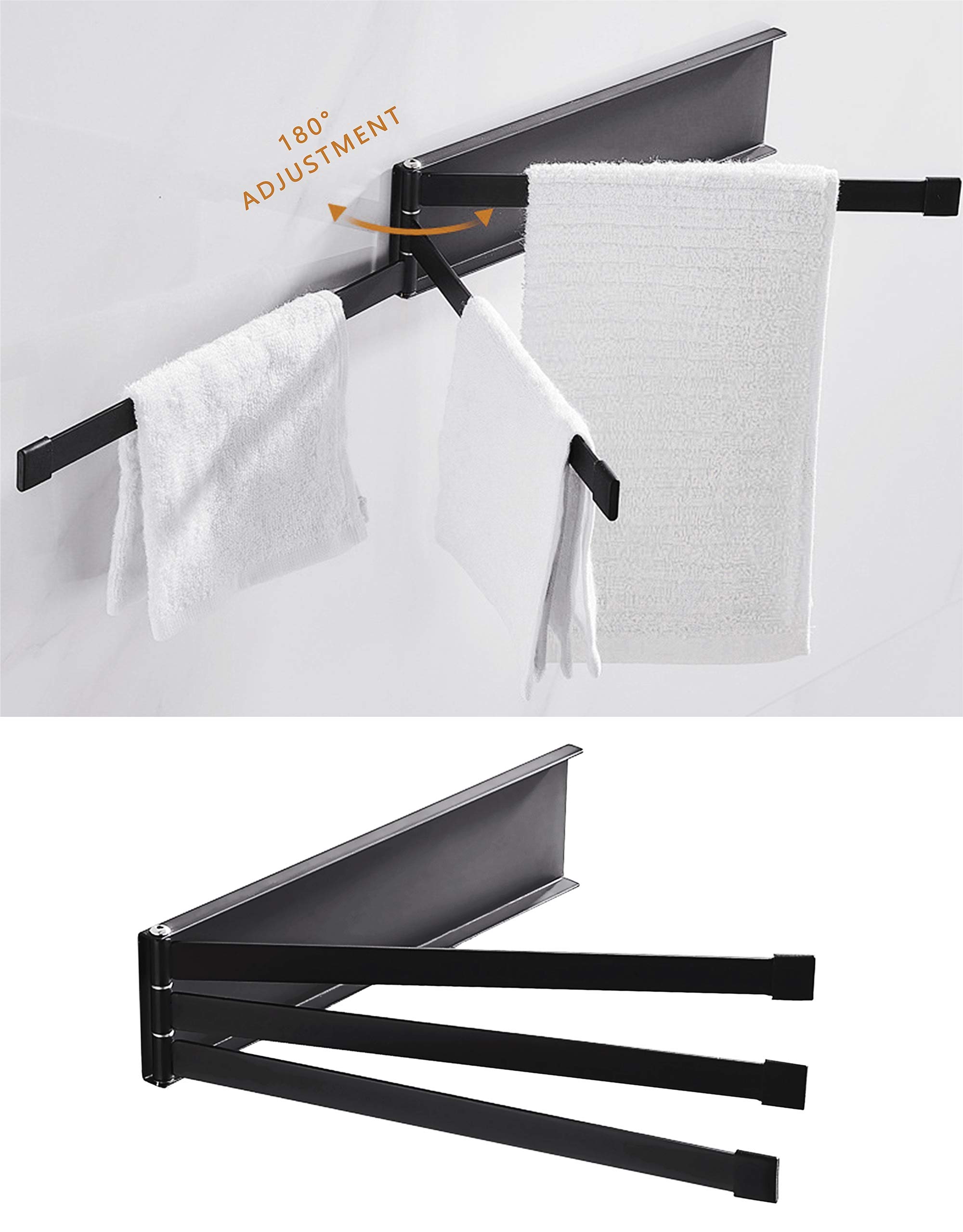 Matte Black Swing Towel Holder Rack - 3-Arm Wall Mounted Swivel Towel Bar for Bathroom & Kitchen Storage | Perfect for Small Spaces, Spa-Like Showers & Organized Home Decor