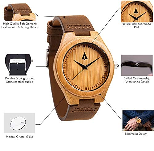 Treehut Men's Wooden Bamboo Watch with Japanese Quartz Movement - Stylish Exotic Wooden Wristwatch with Brown Leather Strap - Perfect for Casual, Business & Outdoor Activities