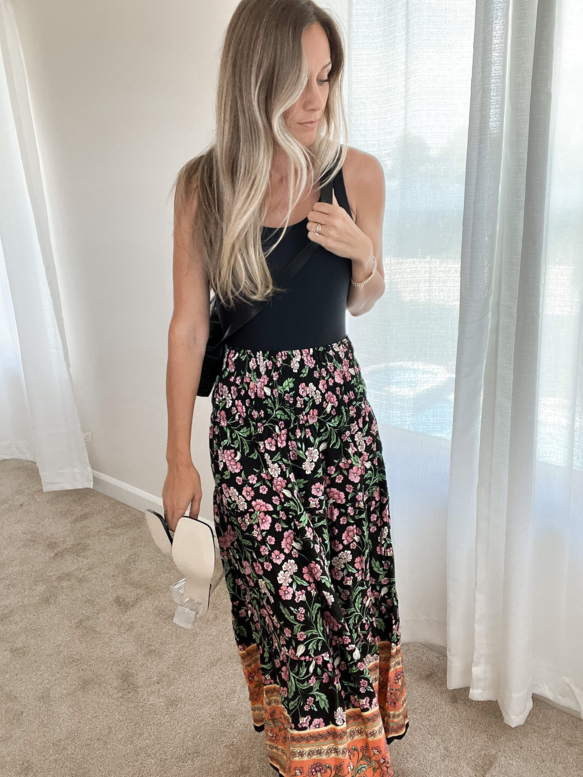 CFLONGE Women's Bohemian Long Maxi Skirt - Flowy High Waist A-Line Pleated Summer Skirt for Women | Beach, Vacation, Festival & Casual Outfit
