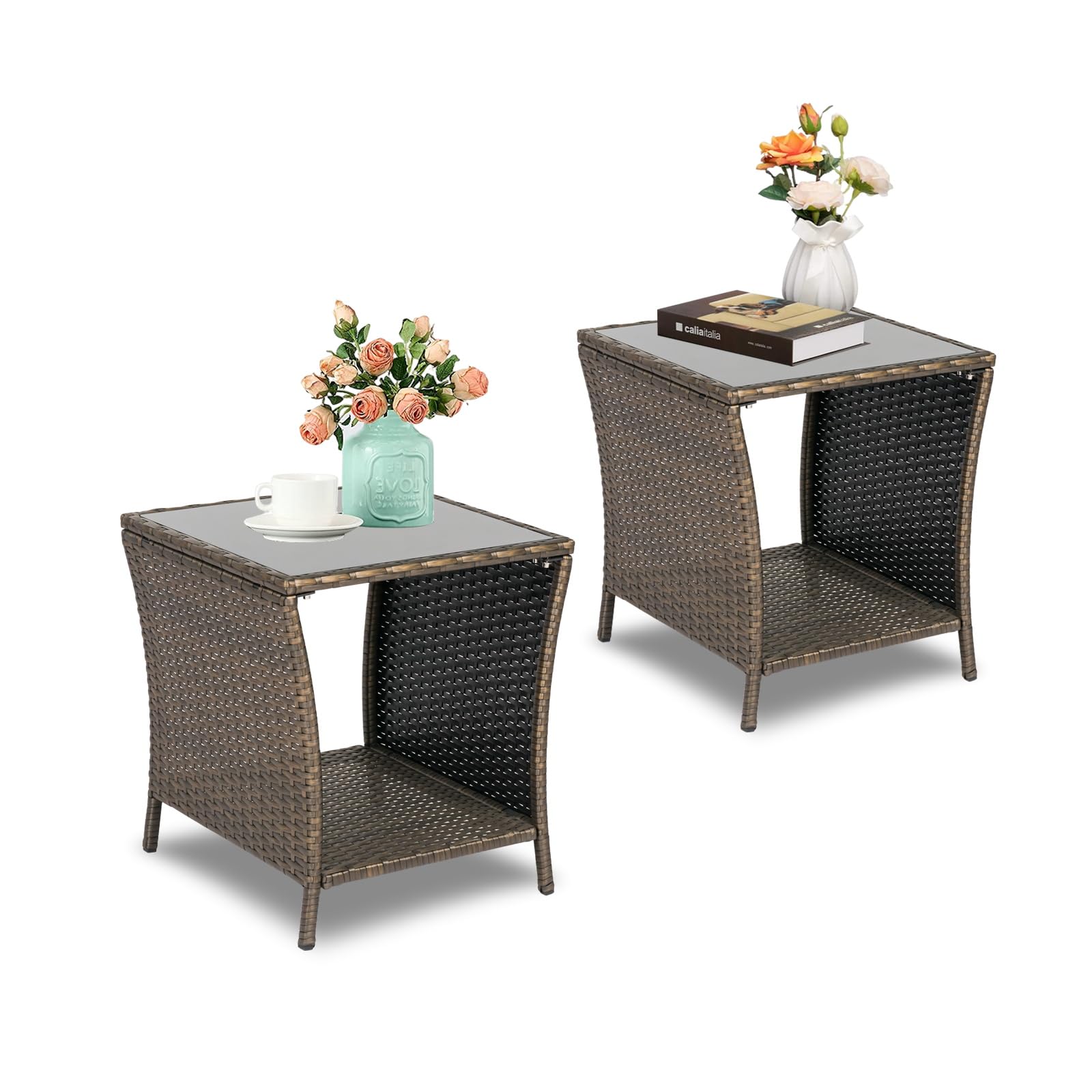 Kinbor Outdoor Side Table Set of 2 - Wicker Patio Side Tables with Storage Shelf & Tempered Glass Top for Easy Cleaning, Dark Blonde - Perfect for Poolside, Garden, Patio, and Balcony Furniture