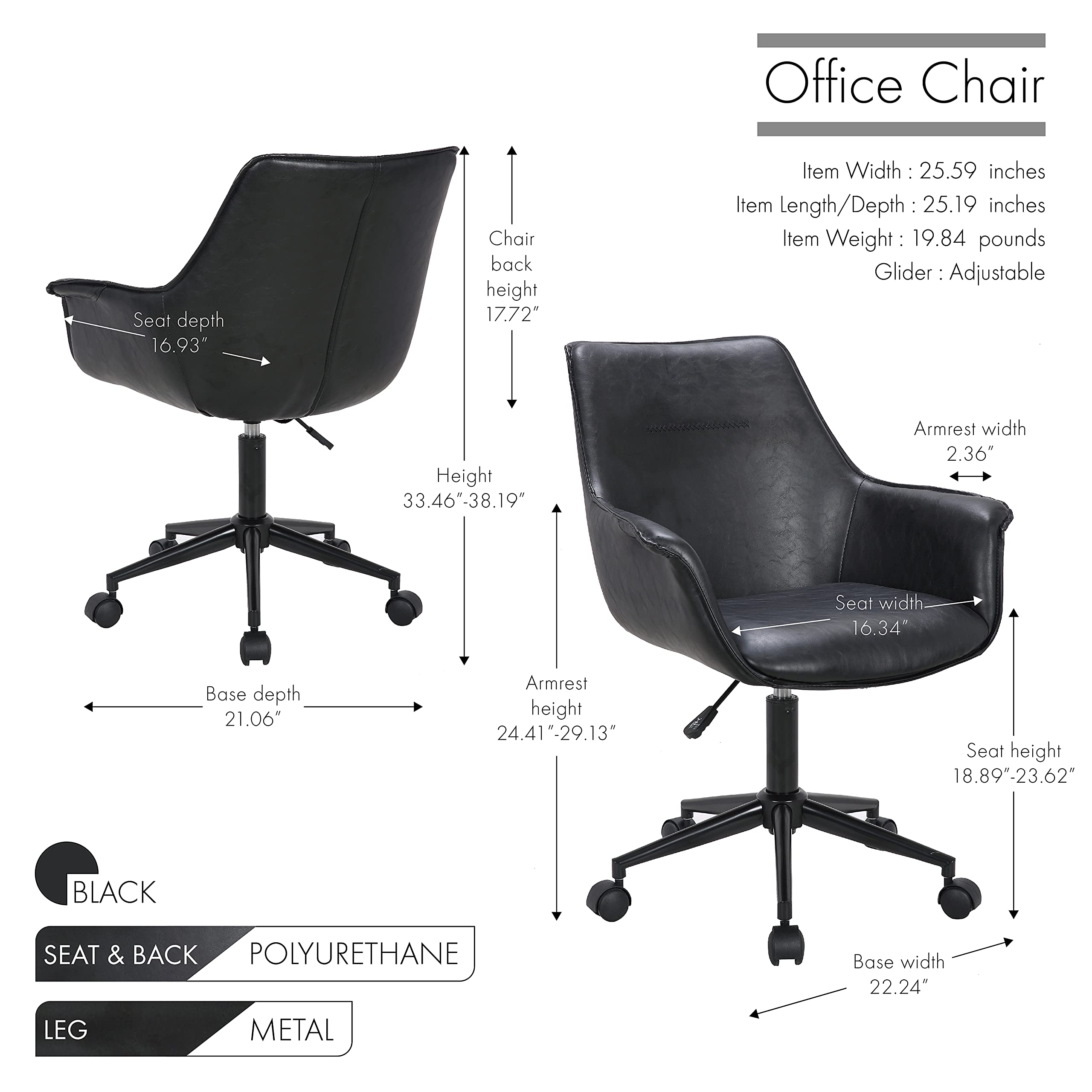 Porthos Home Jamar Office Chair - Water & Stain Resistant Faux Leather, 360° Swivel, Height Adjustable with Sturdy Metal Base | Ergonomic Desk Chair for Home Office, Studio & Workspace