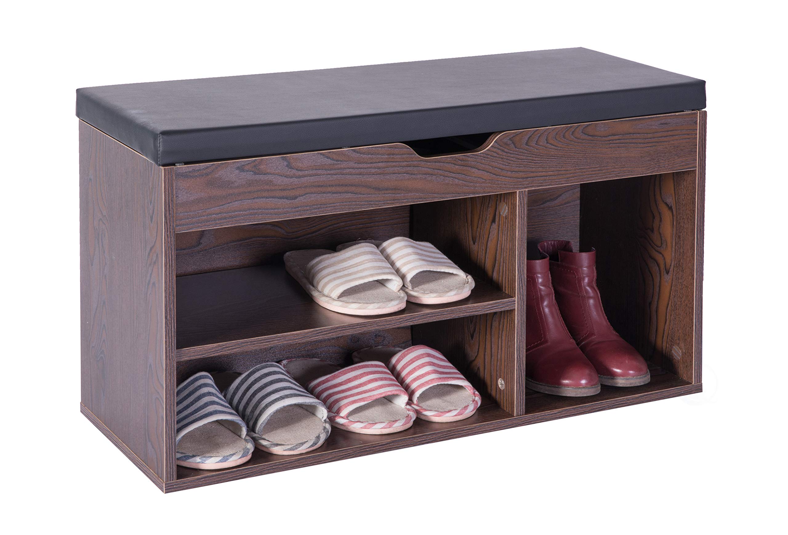 Basicwise Entryway Storage Shoe Rack with Top Seat - Brown & Black Shoe Organizer Bench for Hallway, Mudroom, or Living Room - Space Saving Entry Bench with Shoe Storage