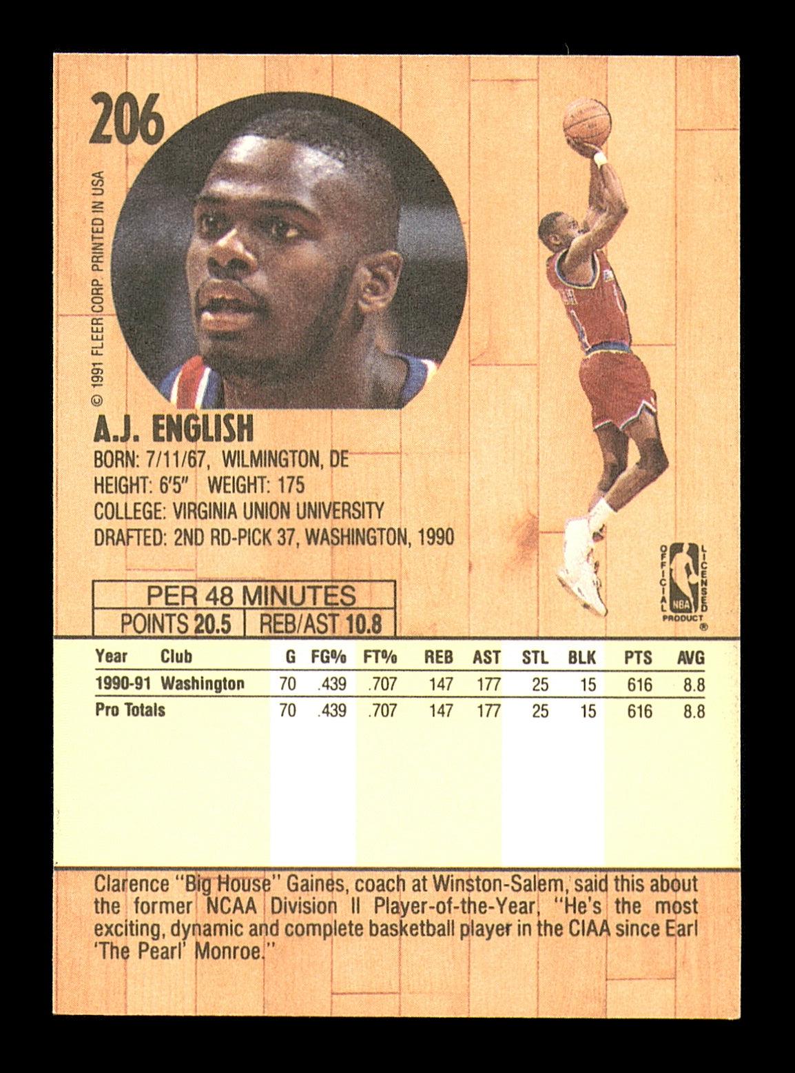 A.J. English Autographed 1991-92 Fleer Basketball Card #206 Washington Bullets - Rare Collectible Memorabilia for NBA Fans and Sports Card Collectors - Perfect for Display, Investment, and Gifting