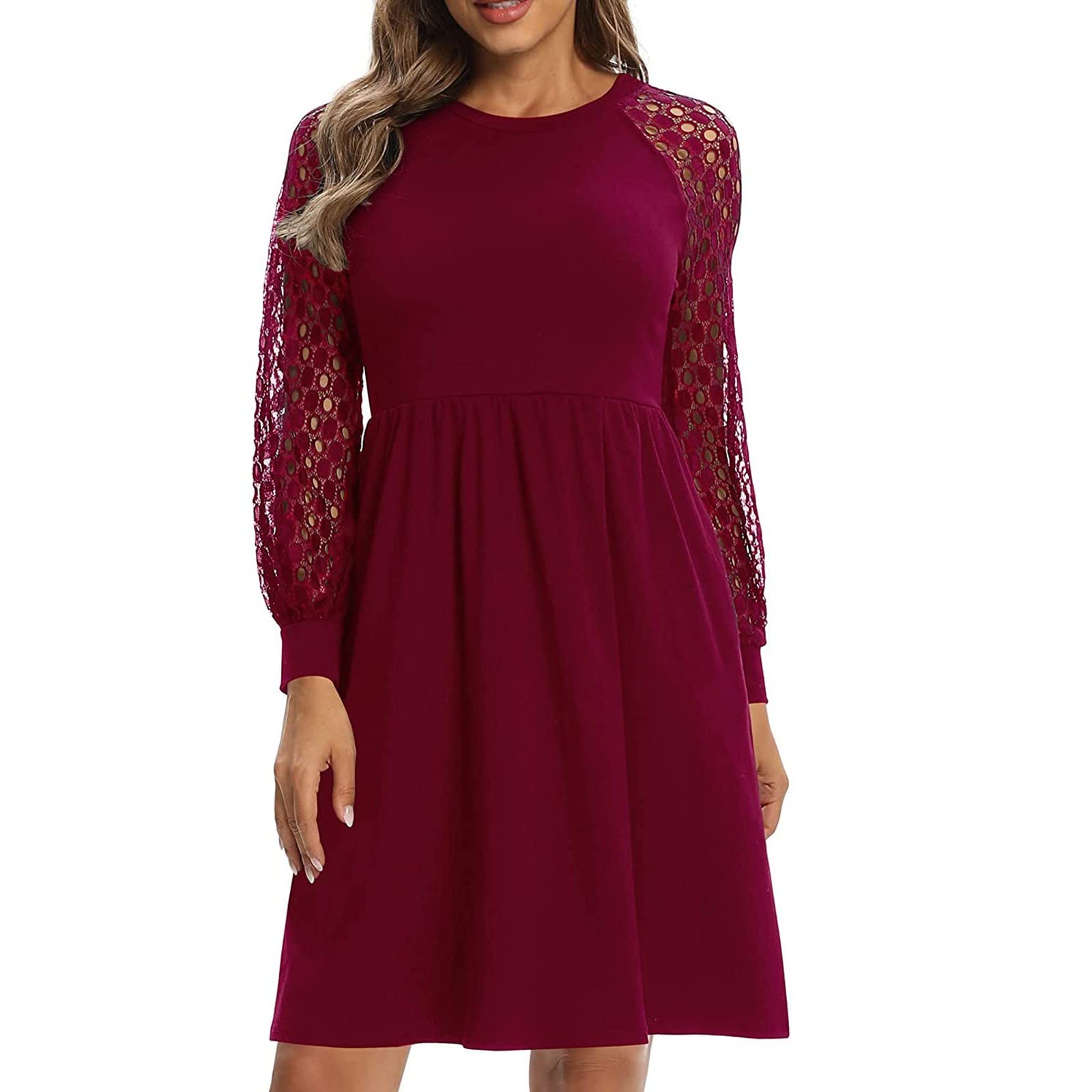 Elegant Women's Ruffle Trim Hollow Lace Dress with Long Sleeves and Mid-Length Stitching - Perfect for Weddings, Parties & Special Occasions