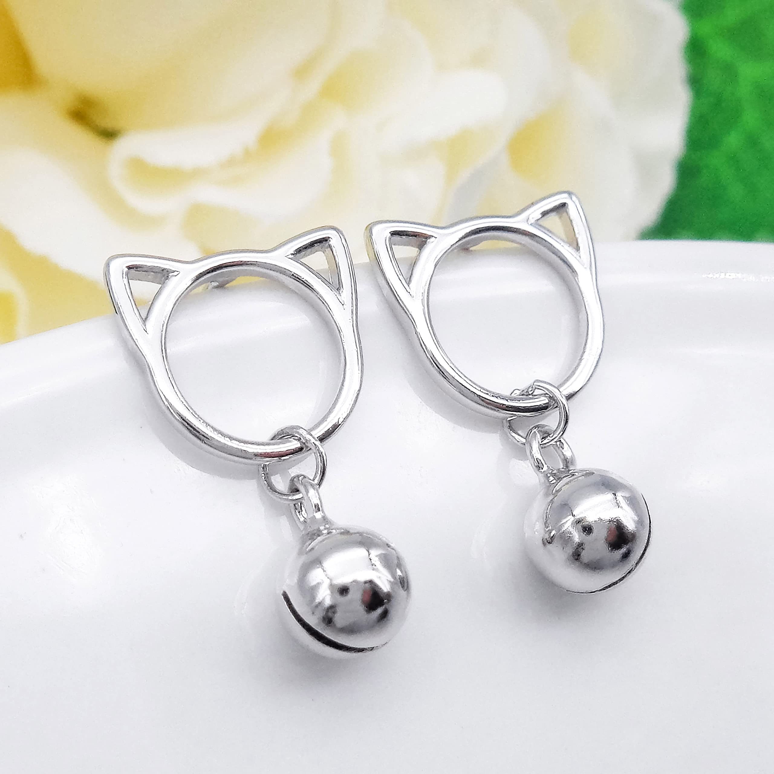 925 Sterling Silver White Gold Plated Cat Head Bell Stud Earrings - Fashion Jewelry for Women, Girls - Perfect for Parties, Dating & Daily Wear