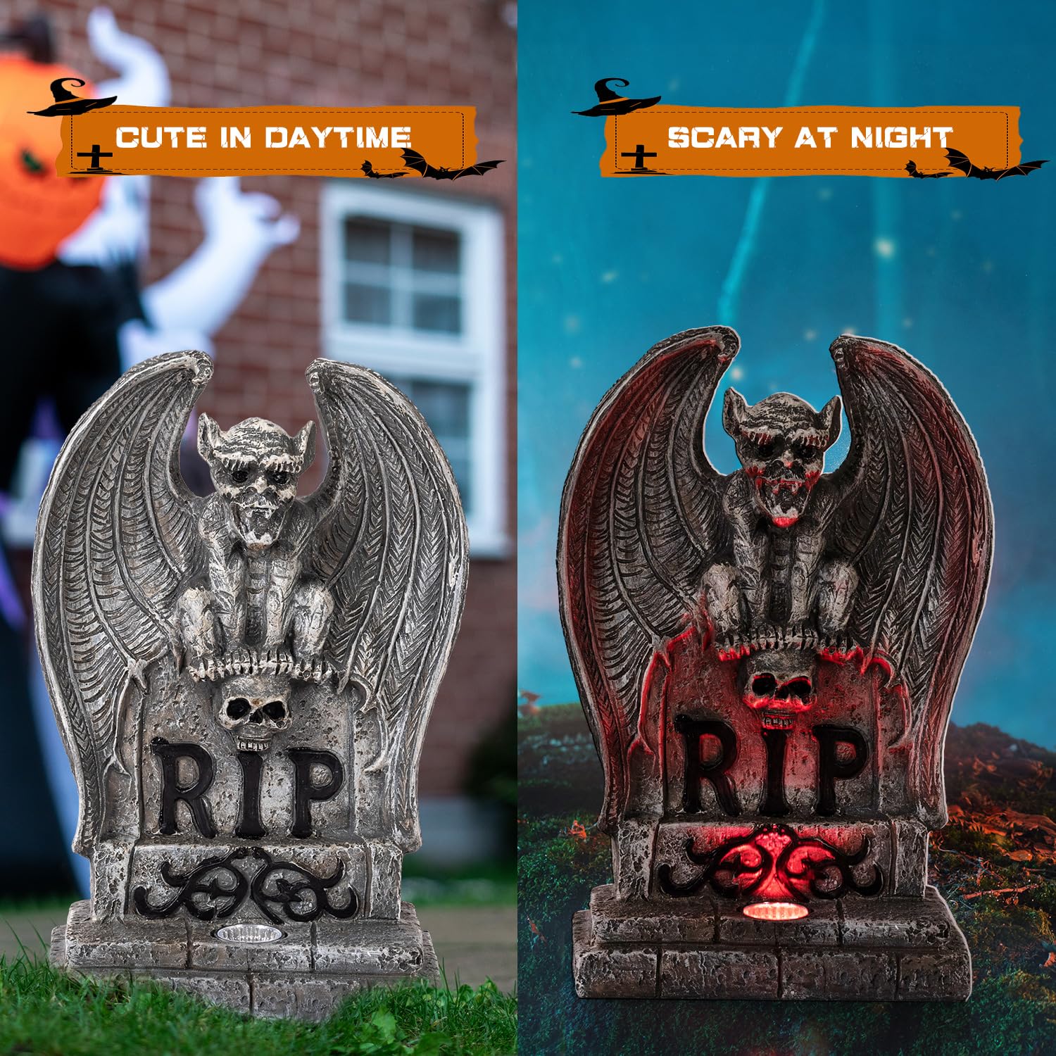 HUYIENO Solar Halloween Decorations - Graveyard Monster Tombstone Solar Garden Lights, Resin Material for Outdoor Lawn & Walkway Decor - Perfect for Halloween Party, Yard Haunt, and Spooky Pathway Lighting