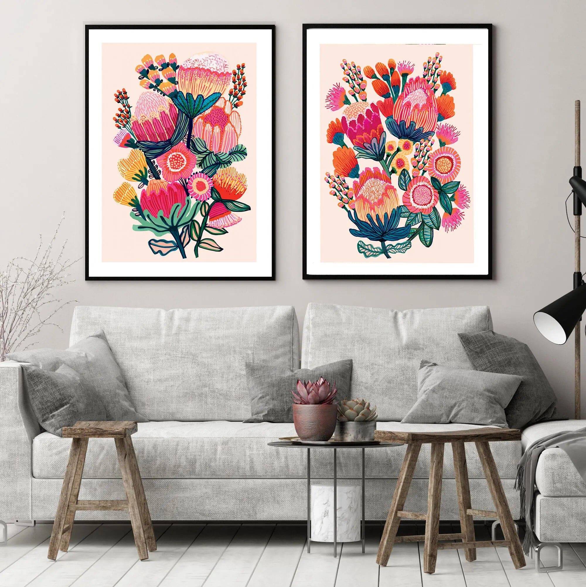 Australian Native Flowers Wall Art Prints - Set of 3 Framed Botanical Paintings for Living Room, Bedroom & Office Decor