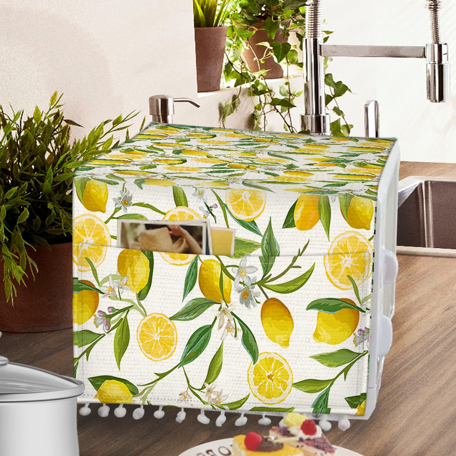 Microwave Oven Cover - Dustproof Linen Kitchen Appliance Protector with Side Pockets (11.8x35.4 inches, Lemon) - Perfect for Countertop Protection & Decorative Kitchen Storage