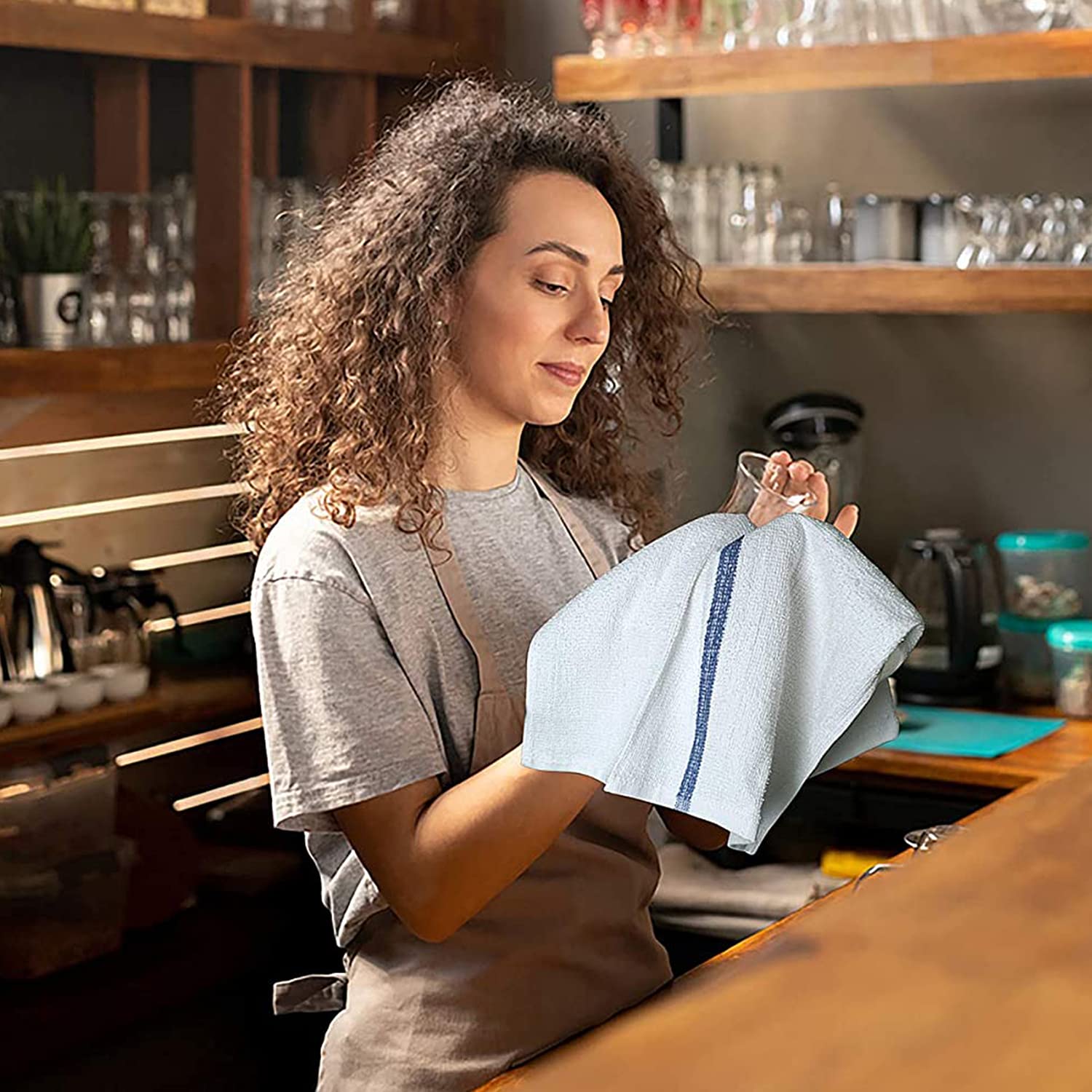 Bar Mop Blue Stripe Kitchen Towels - Pack of 36 (16x19 Inches, 6 lbs) | 100% Cotton, Double Stitched, Super Absorbent Dish Towels & Washcloths Set | Perfect for Restaurants, Catering & Home Kitchen Use