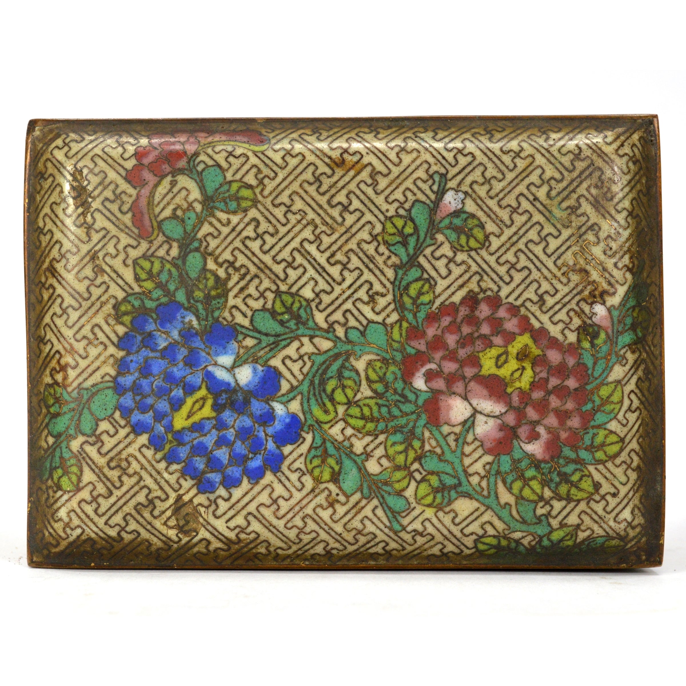 Antique Cloisonne Hinged Jewelry Box with Floral Design - 3x5x3 Inches - Brass/Bronze Footed Trinket Box for Home Decor, Gift, or Storage | Perfect for Jewelry, Keepsakes, and Collectibles