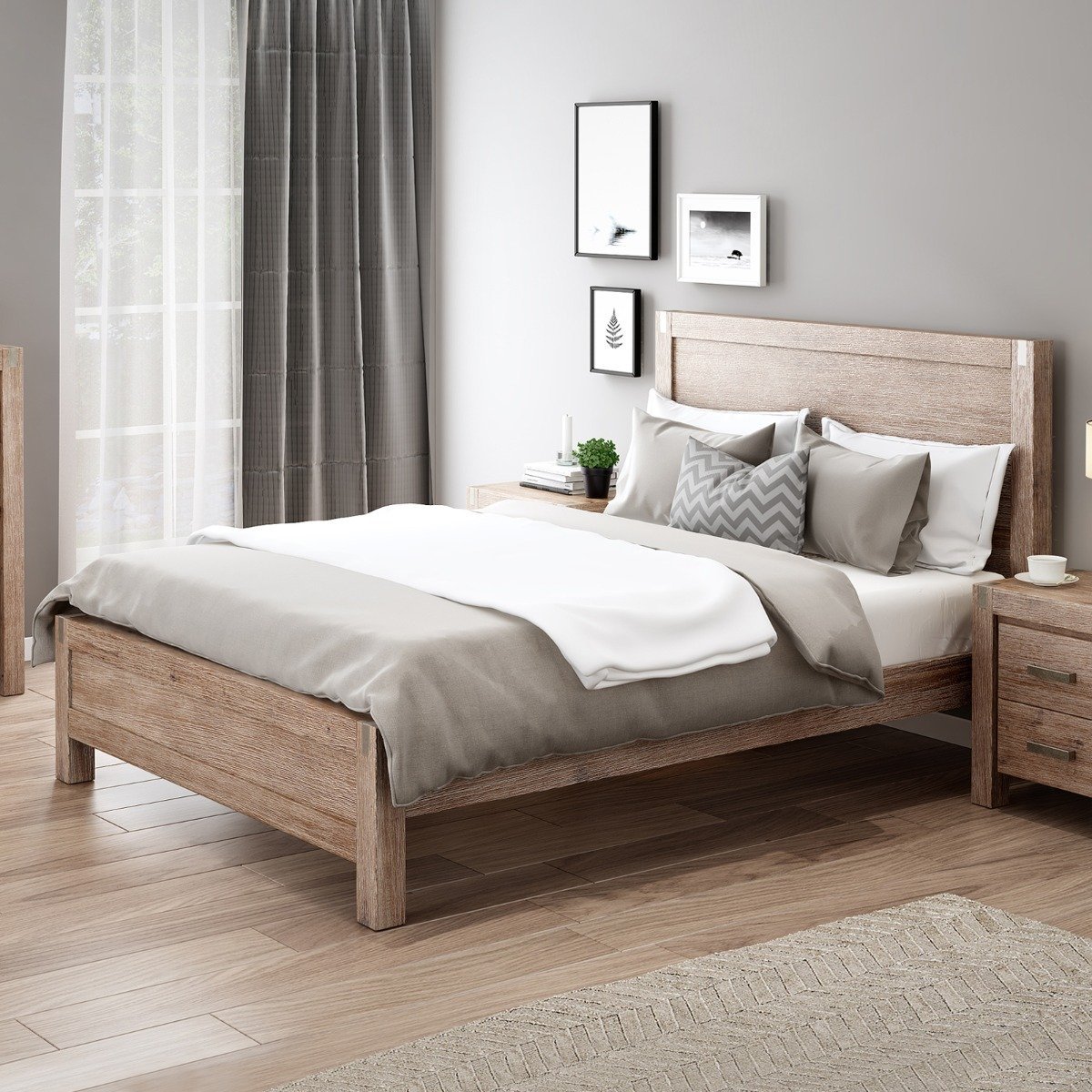 Luxe Nowra Solid Wood Acacia Double Bed Frame - Queen Size Oak Veneer for Modern Bedroom & Guest Room Decor