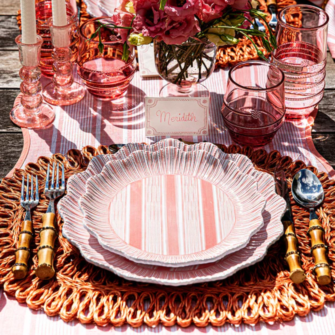 Juliska Cabana Stripe Melamine Dinner Plates - Set of 4, Coral - Durable & Stylish Outdoor Dining Plates for Picnics, BBQs, and Beach Parties