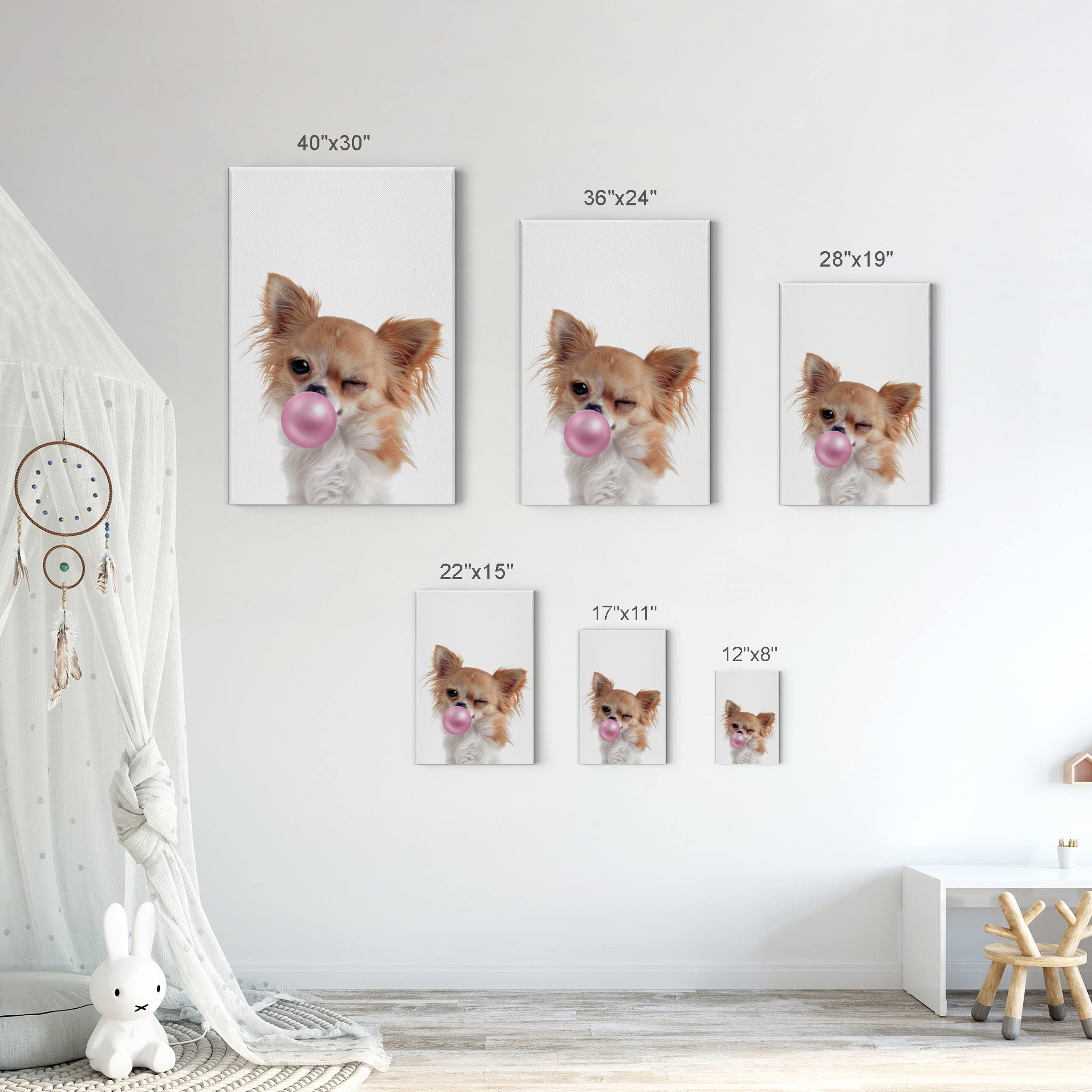 Chihuahua Dog Chewing Pink Bubble Gum Canvas Wall Art Print - Pet Lover Gift, Animal Pop Art Decor for Office, Living Room, Bedroom & Nursery (28x19 Inches) - Perfect for Dog Enthusiasts, Home Decor & Unique Gift Ideas