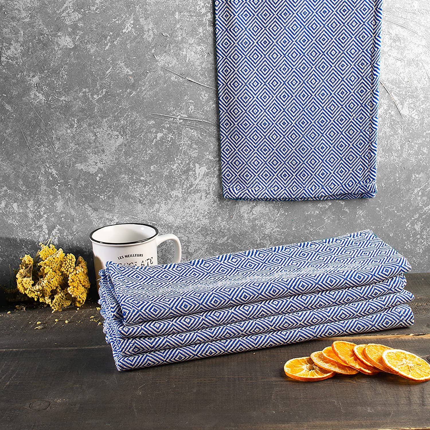 Premium Turkish Cotton Hand Towels - 5-Pack Navy Blue Absorbent Kitchen Dish Towels | Quick-Drying Dishcloths & Tea Towels for Home, Bar & Restaurant Use | Diamond Weave Pattern for Superior Scrubbing | Perfect for Washing Dishes, Glassware & Counter Cleaning