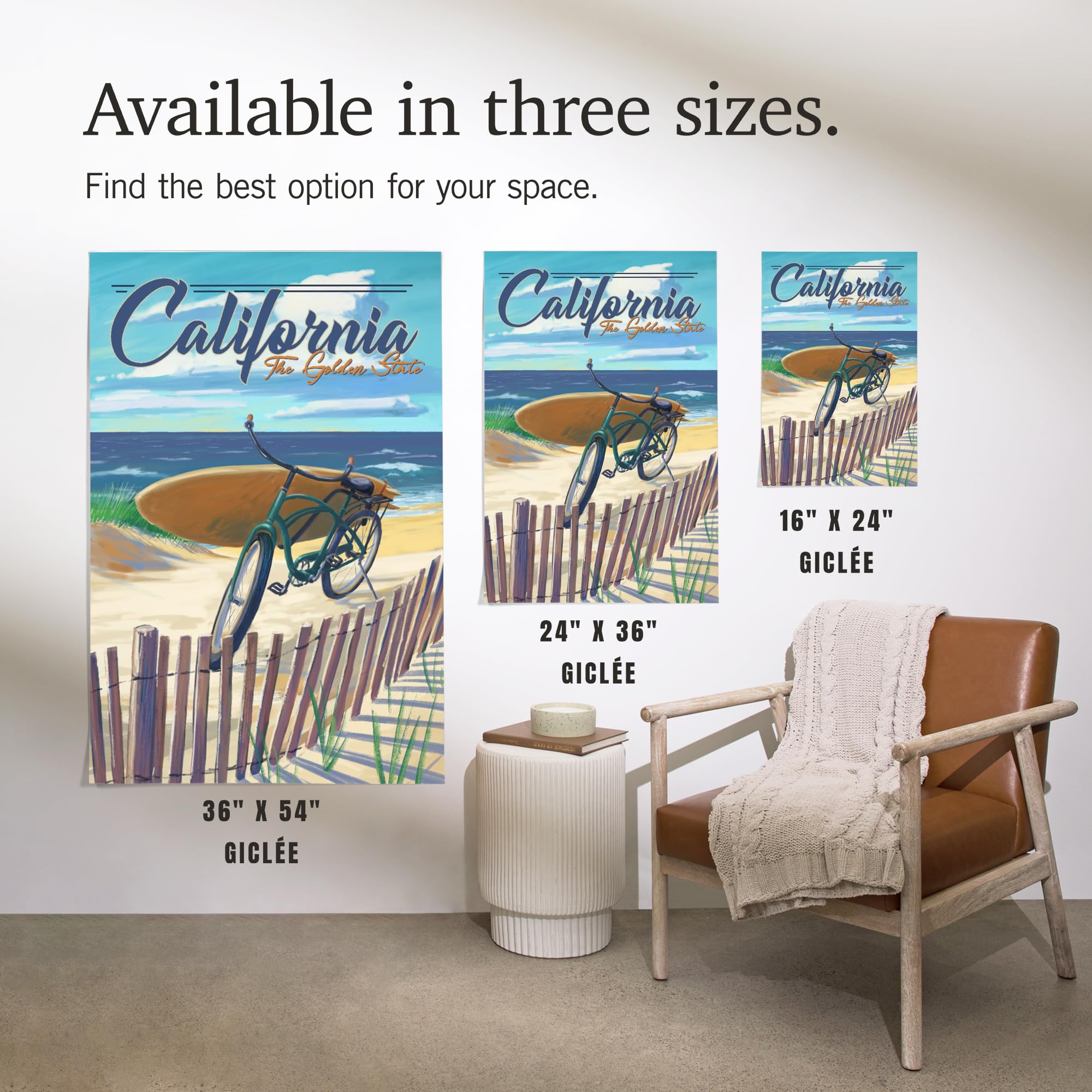 California Beach Cruiser on Beach - 16x24 Inch Giclee Print by Lantern Press, The Golden State Wall Art for Coastal Living Rooms, Beach Houses, and Vacation Rentals