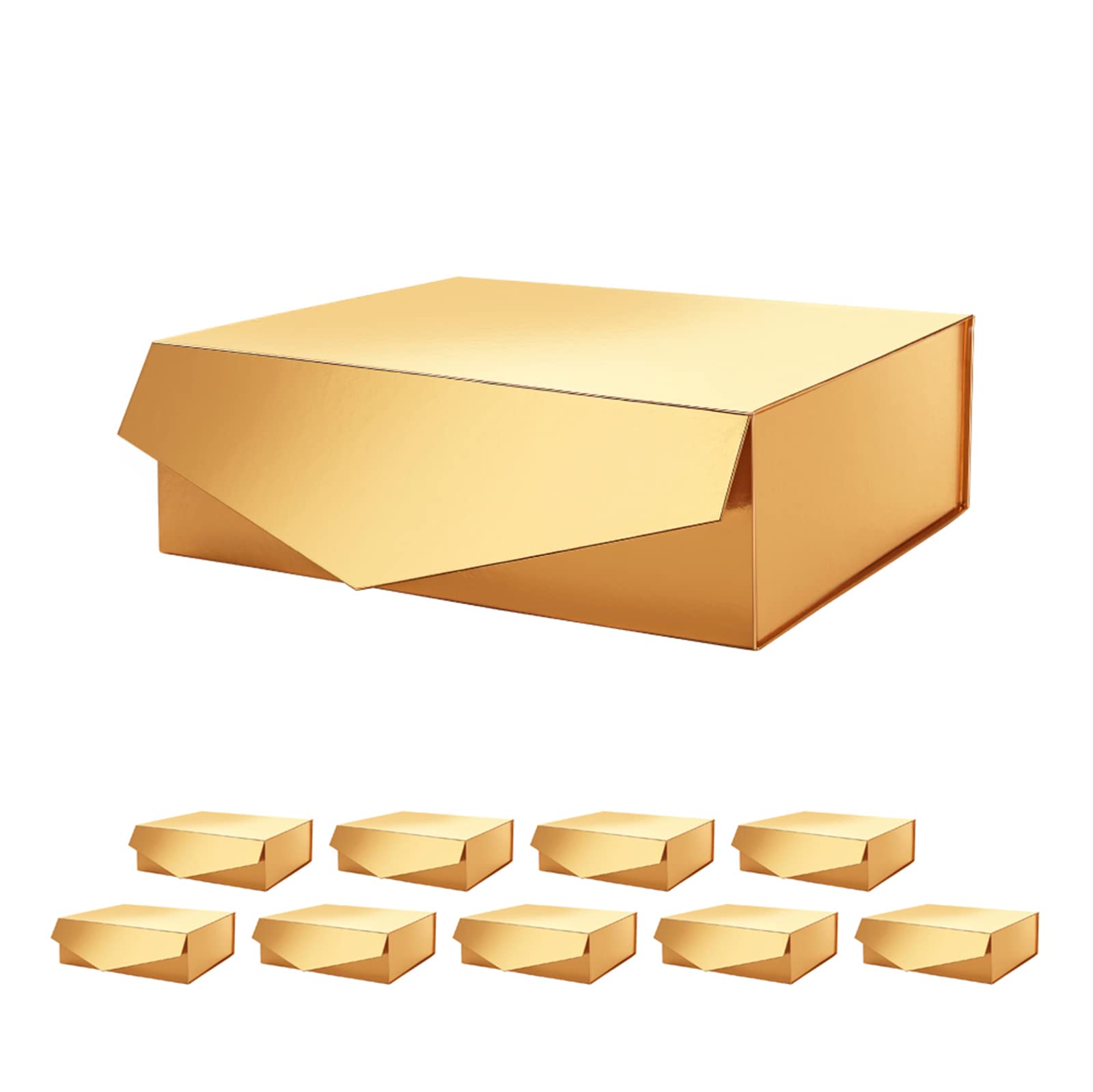 PACKQUEEN 10 Large Gift Boxes 13.5x9x4.1 Inches with Lids - Bridesmaid Proposal Boxes, Sturdy Storage Boxes, Collapsible Magnetic Closure Gift Boxes (Glossy Gold) - Perfect for Wedding, Birthday, Anniversary & Holiday Gifts