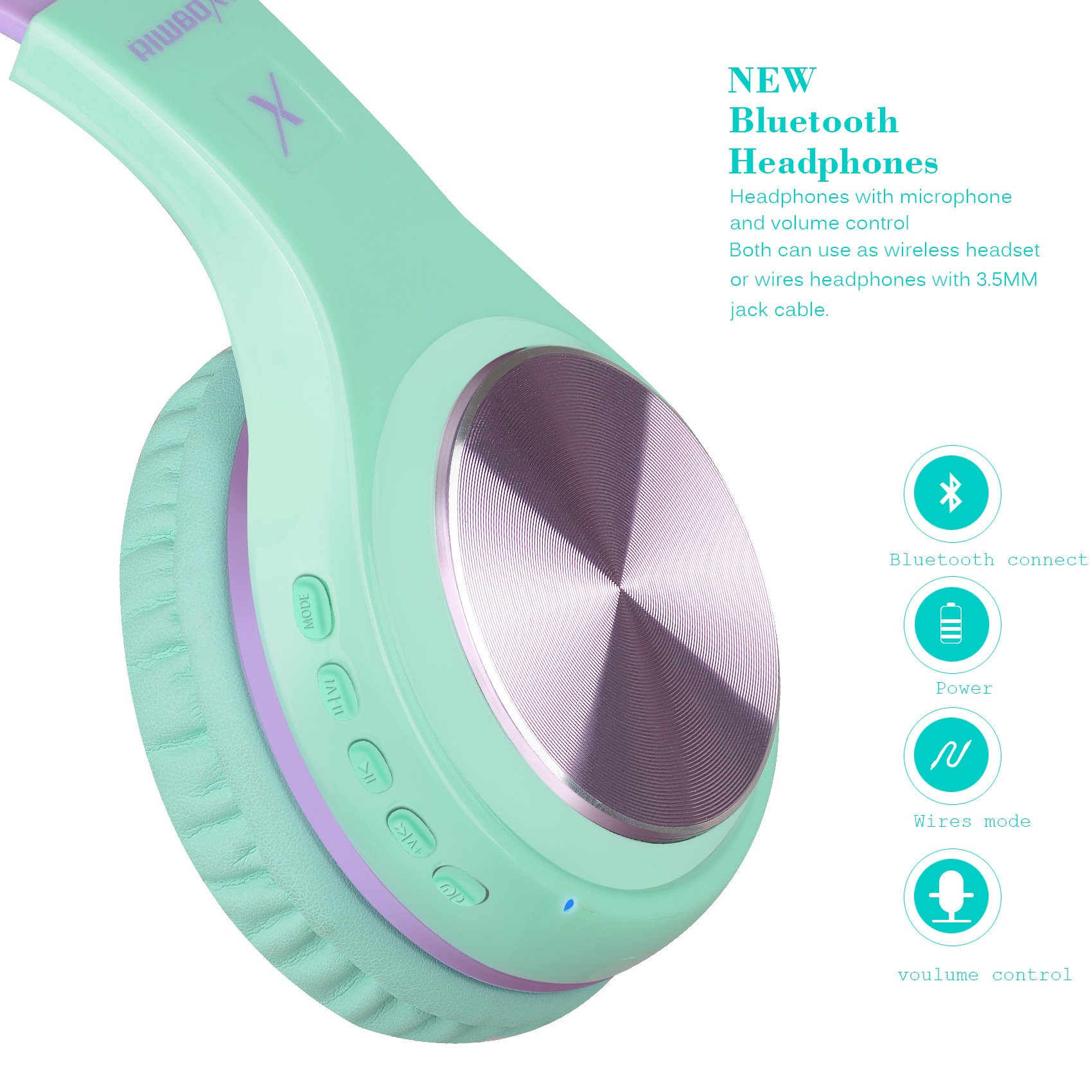 Riwbox XBT-80 Wireless Bluetooth Headphones Over Ear with Microphone, Foldable Stereo Headset with Volume Control for PC/Phone/TV/Gym, Purple Green - Perfect for Workouts, Travel & Home Entertainment