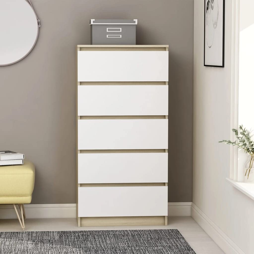 Modern Freestanding Floor Cabinet with Drawers - Sideboard & Wardrobe for Dining Room, Bedroom, Living Room - White & Sonoma Oak Finish - 23.6