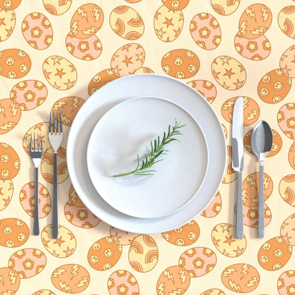 Easter Eggs Boho Orange Geometric Print Cotton Sateen Tablecloth 70x90 Inches - Custom Spring Table Linens for Dining Room Decor & Holiday Parties