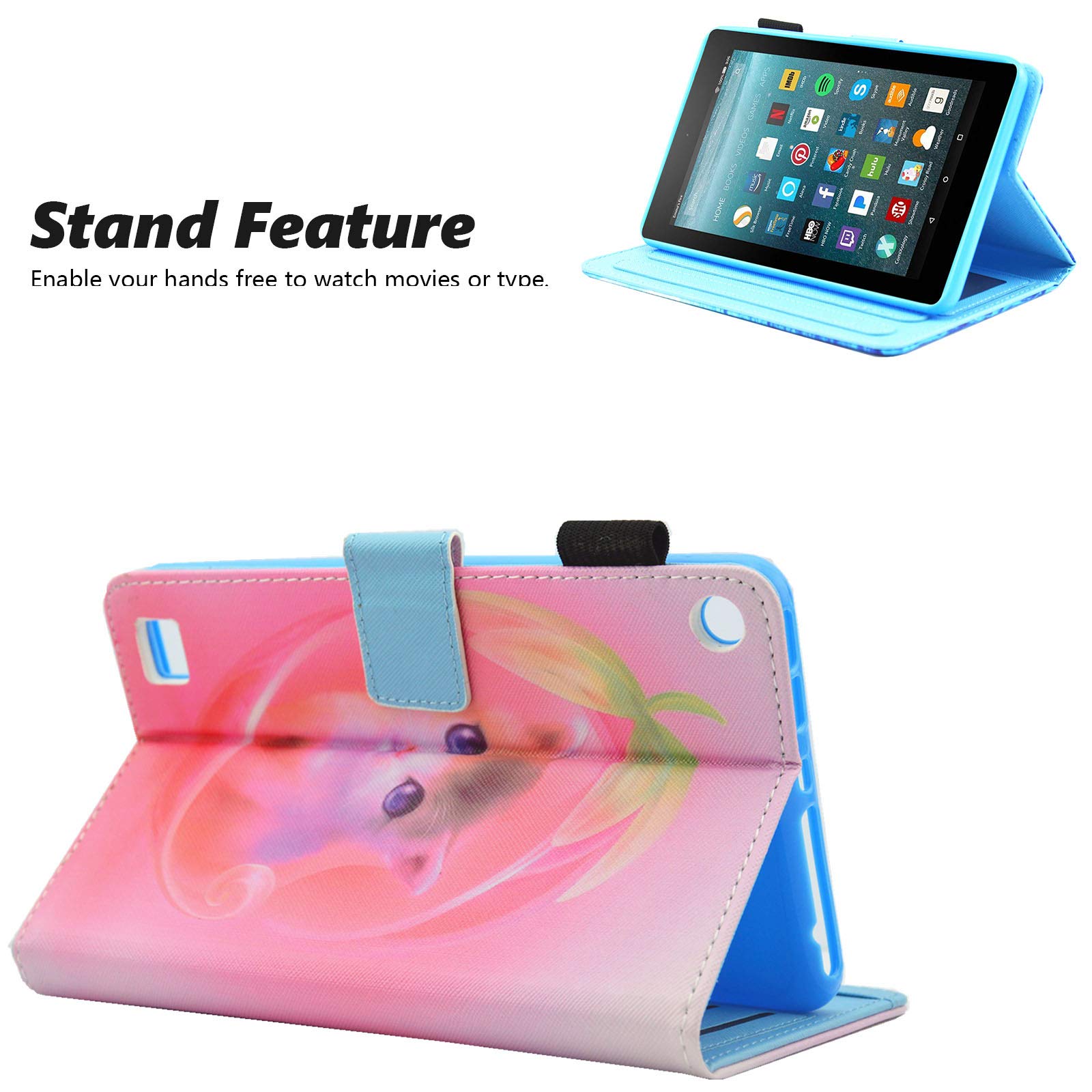 Dteck Protective Case for Amazon Kindle Fire 7 Inch Tablet (9th/7th/5th Gen, 2019/2017/2015) - Multi-Angle Stand Smart Wallet Cover with Auto Wake/Sleep - Pink Cat Design - Perfect for Reading, Travel & Home Use