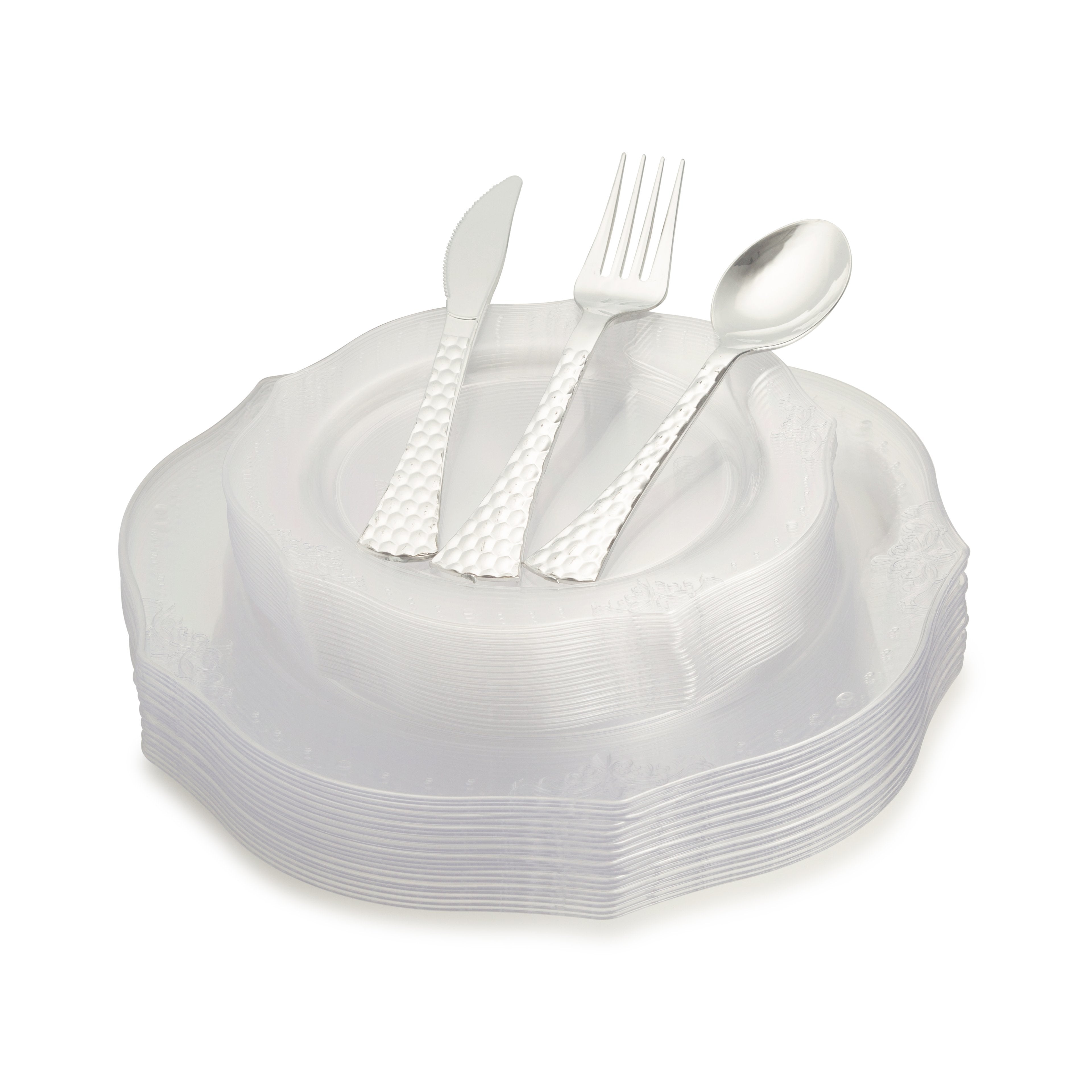 100-Piece Clear Round Plastic Dinnerware & Silverware Set - 20 Servings, Durable & Elegant for Parties, Picnics, and Outdoor Events